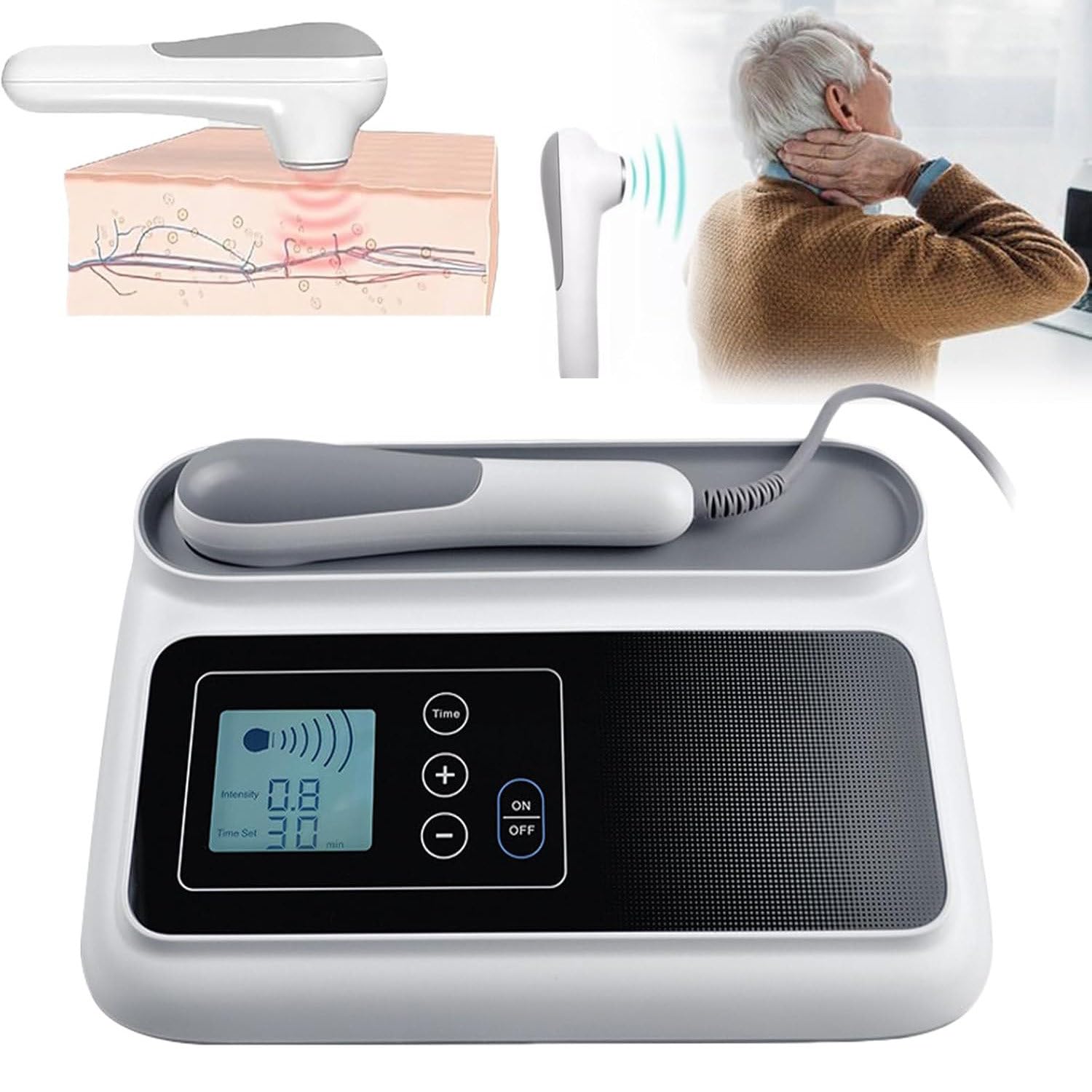 Dispositivo professionale per terapia ad ultrasuoni per alleviare dolori muscolari e articolari, 5 livelli di intensità regolabili con timer da 5 a 30 minuti, ideale per fisioterapia e uso domestico