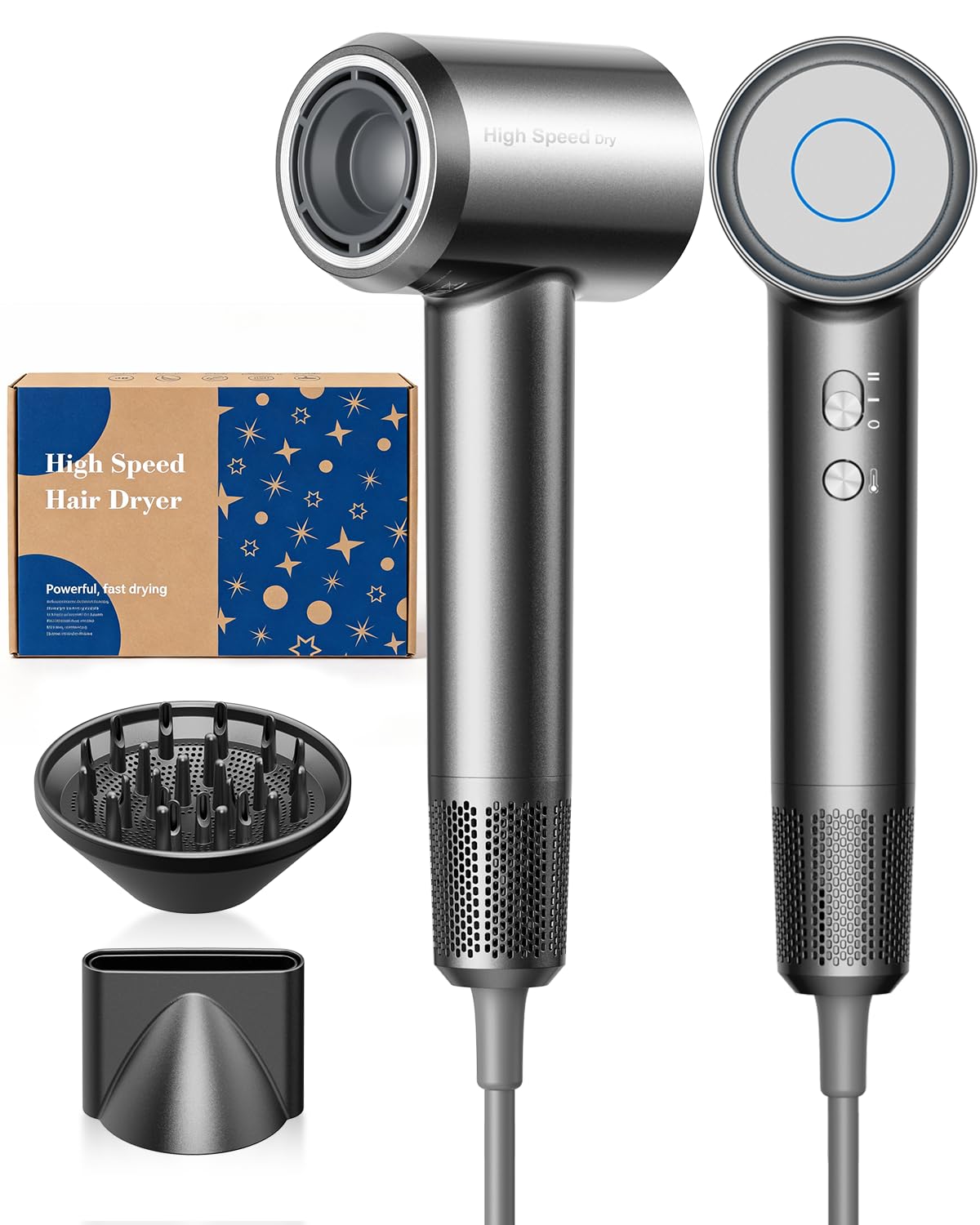 Phon Capelli Professionale, Asciugacapelli Ionico 160.000 RPM, Ultraleggero 370g e Silenzioso, Asciugatura Rapida Anticrespo, con Diffusore, Mini Phon da Viaggio e Idea Regalo Grigio