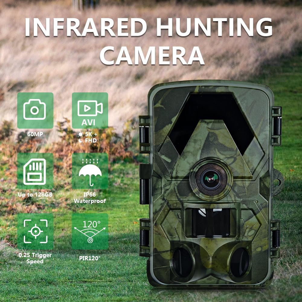 Wildkamera, 5K 60MP Wildtierkamera, 98FT 130 Weitwinkel Jagdkamera, 0,05s Auslösezeit Nachtsicht Bewegungssensor, IP66 Wasserdicht, kein Glühen Infrarot-LEDs Überwachungskamera mit 32GB Speicherkarte