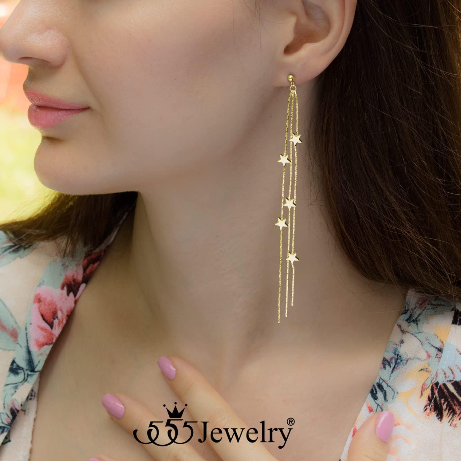 555Jewelry Stainless Steel Dangle Drop Long Sparkly Stars Earrings for Women - Image 2
