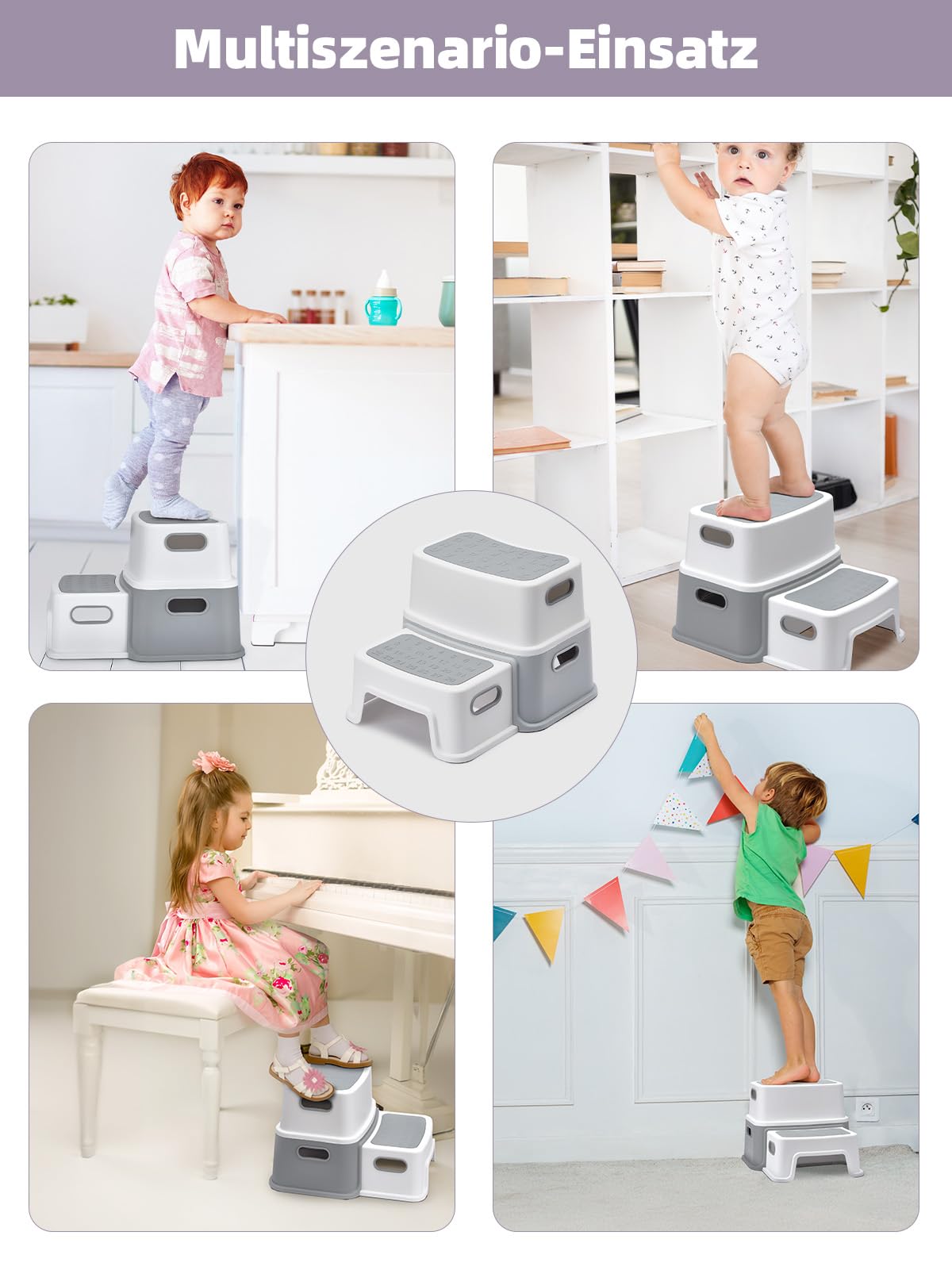 HOUSE DAY Sgabello per bambini, 2 gradini (altezza 25 cm), sicuro, con piedini antiscivolo per bagno, sgabello per WC, sgabello antiribaltabile