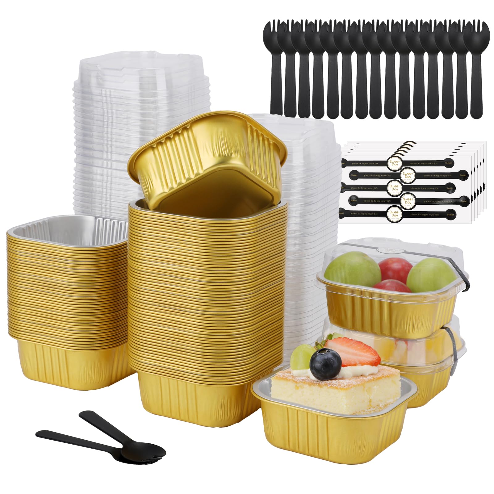Photo 1 of 100 Pack 10 OZ Gold Mini Cake Pans with Lids and Spoons, Aluminum Foil Brownie Baking Cups, Oven Safe Foil Ramekins with Spork Sticker Square Cupcake Cups Baking Tins for Party Wedding