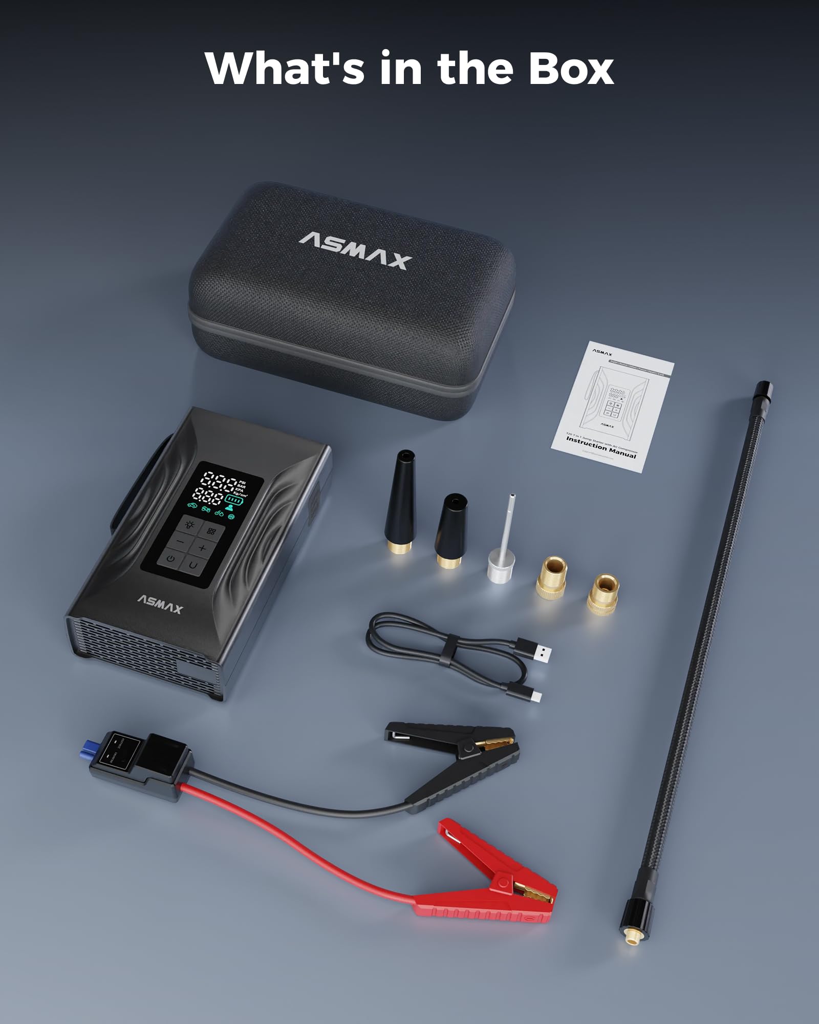 ASMAX 4000 A urządzenie ułatwiające rozruch ze sprężarką powietrza, do 9,0 l benzyny i oleju napędowego 8,0 l, przenośny powerbank i pompa do opon 150 psi do roweru, piłki, 12 V Jump Starter do