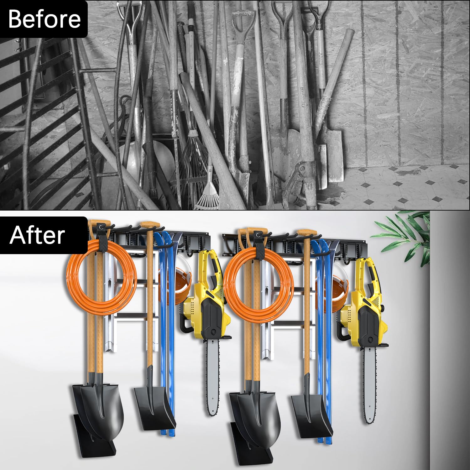 3-H 80 cm tuingereedschapshouder, wandhouder SUS304 roestvrij staal bezemhouder muur met 9 haken, 2 glijrails, 2 opbergriemen voor ski, stoelen, buizen, garage, tuin