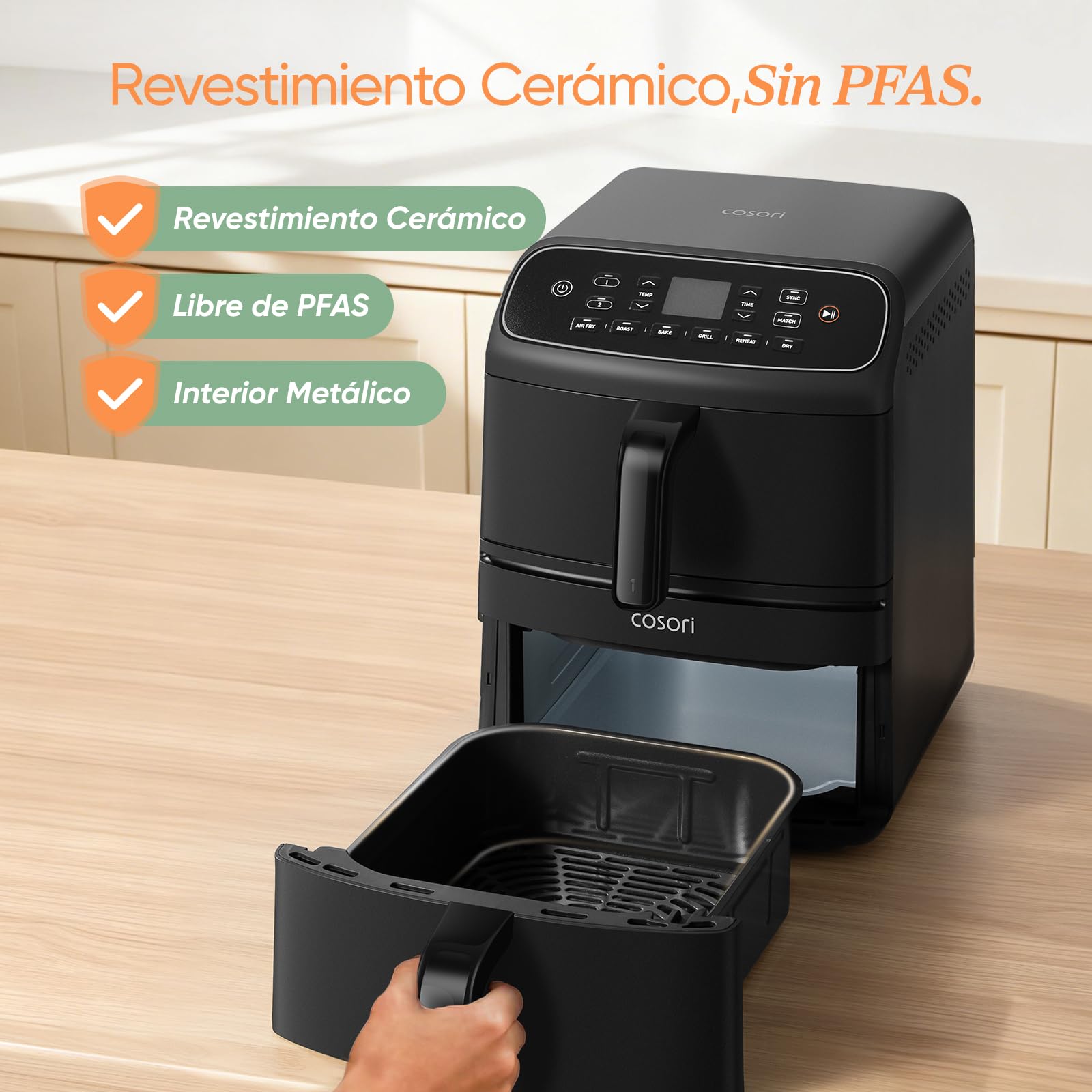 Cosori Air Fryer Turbo Tower Compacto 8,6 Litros, Freidora de Aire con Revestimiento Cerámico sin PFAS ni Teflon, Airfryer de Doble Cesta Vertical con Turbo Blaze, 6 Funciones, Recetas en App, 2600W