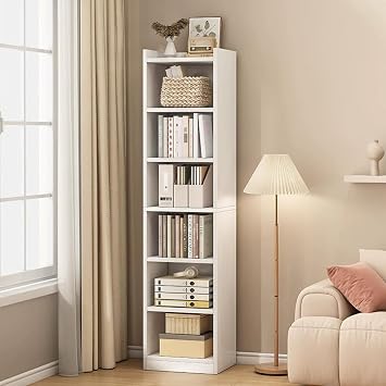 71 Inch Tall Narrow Bookcase, Floor Standing Storage Cabinet, Corner Bookshelf with Storage, 7 Tier Cube Display Shelf Storage Organizer for Home Office Small Space, White