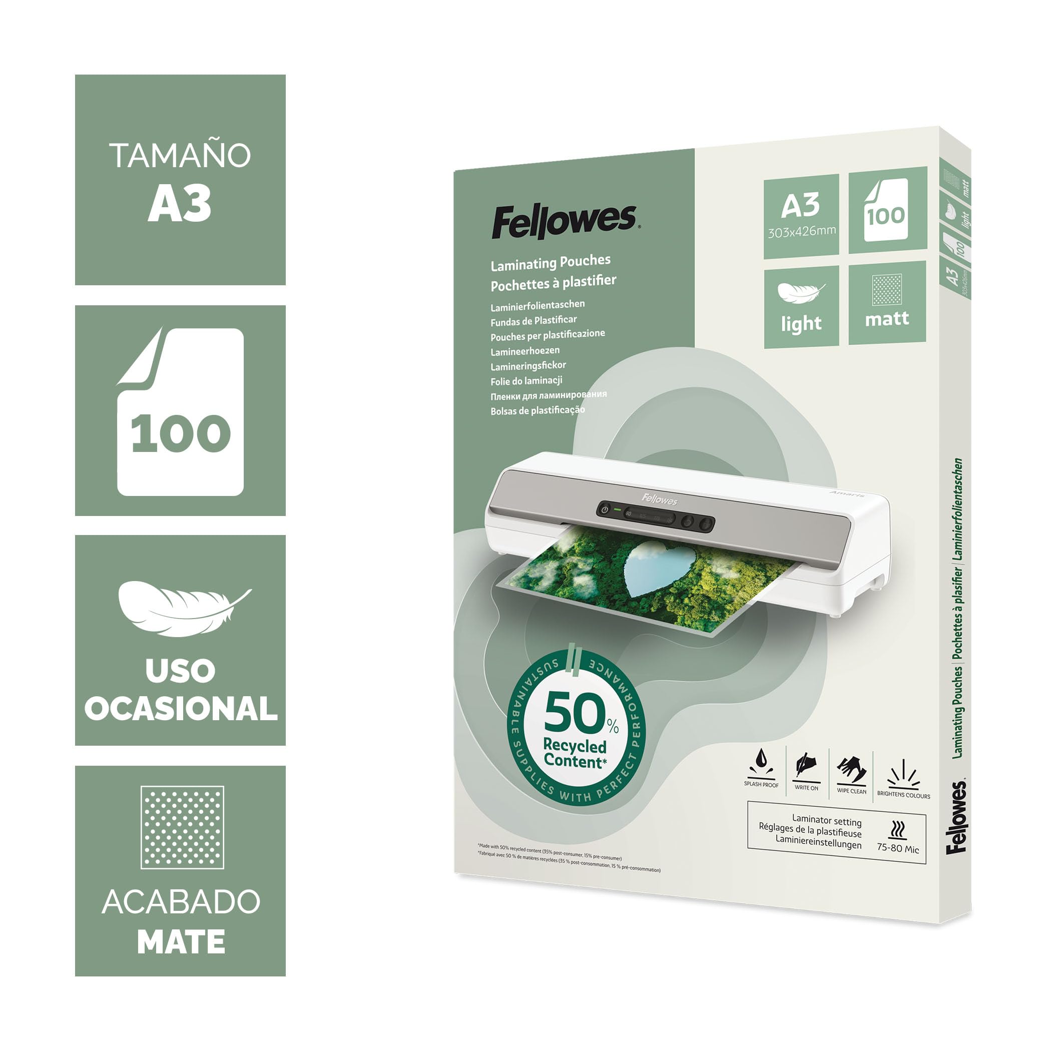 Fellowes Fundas plastificar A3, pack de 100, acabado mate, uso ocasional 75/80 micras, 50% contenido reciclado, fundas plastificar para profesores y oficinas