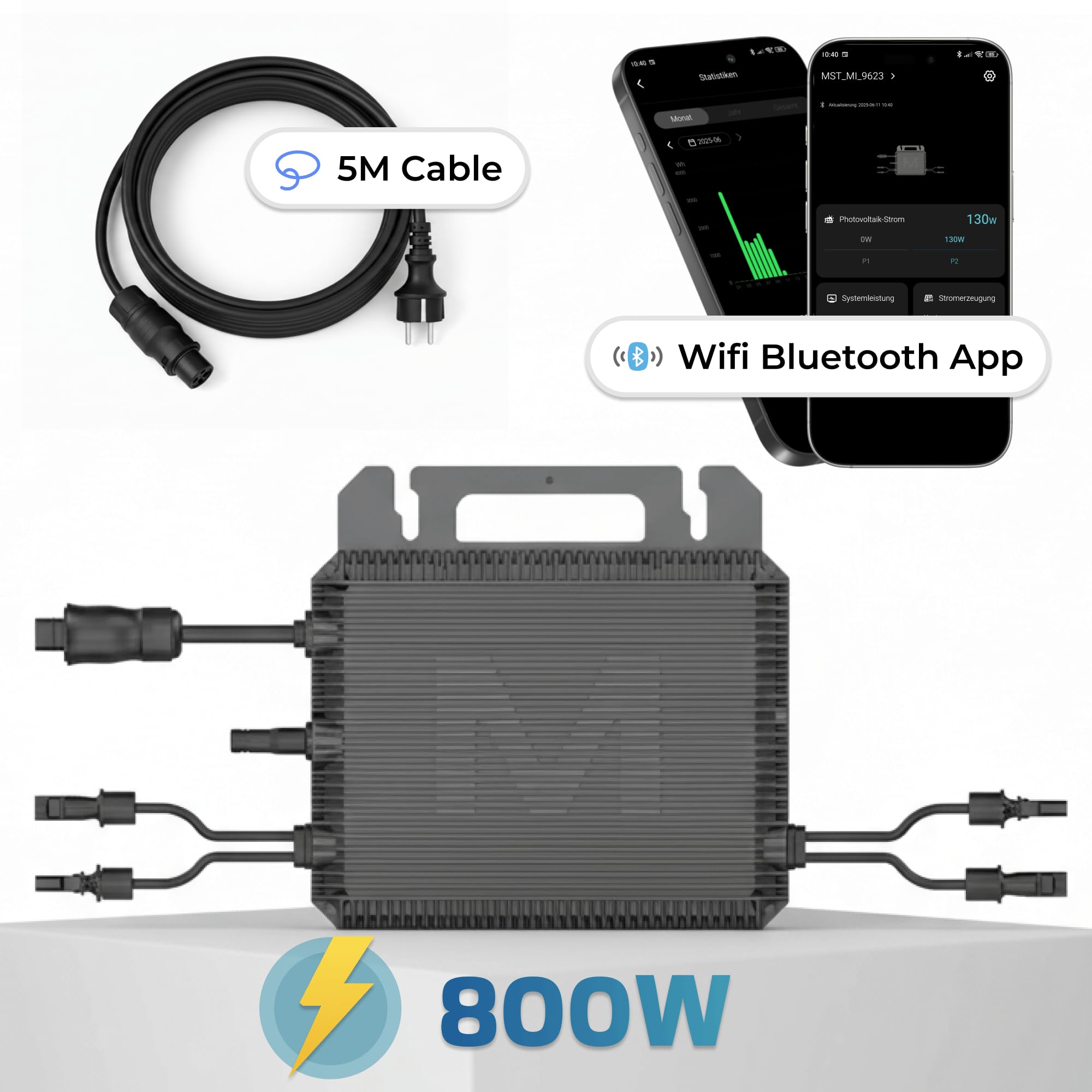 MARSTEK Mikro-Wechselrichter 800 W MST-MI0800 für Balkonkraftwerk, IP67 wetterfest, Plug-&-Play Installation, 2 MPPT, Bluetooth & WiFi, inkl. 5 m Anschlusskabel, Micro Inverter