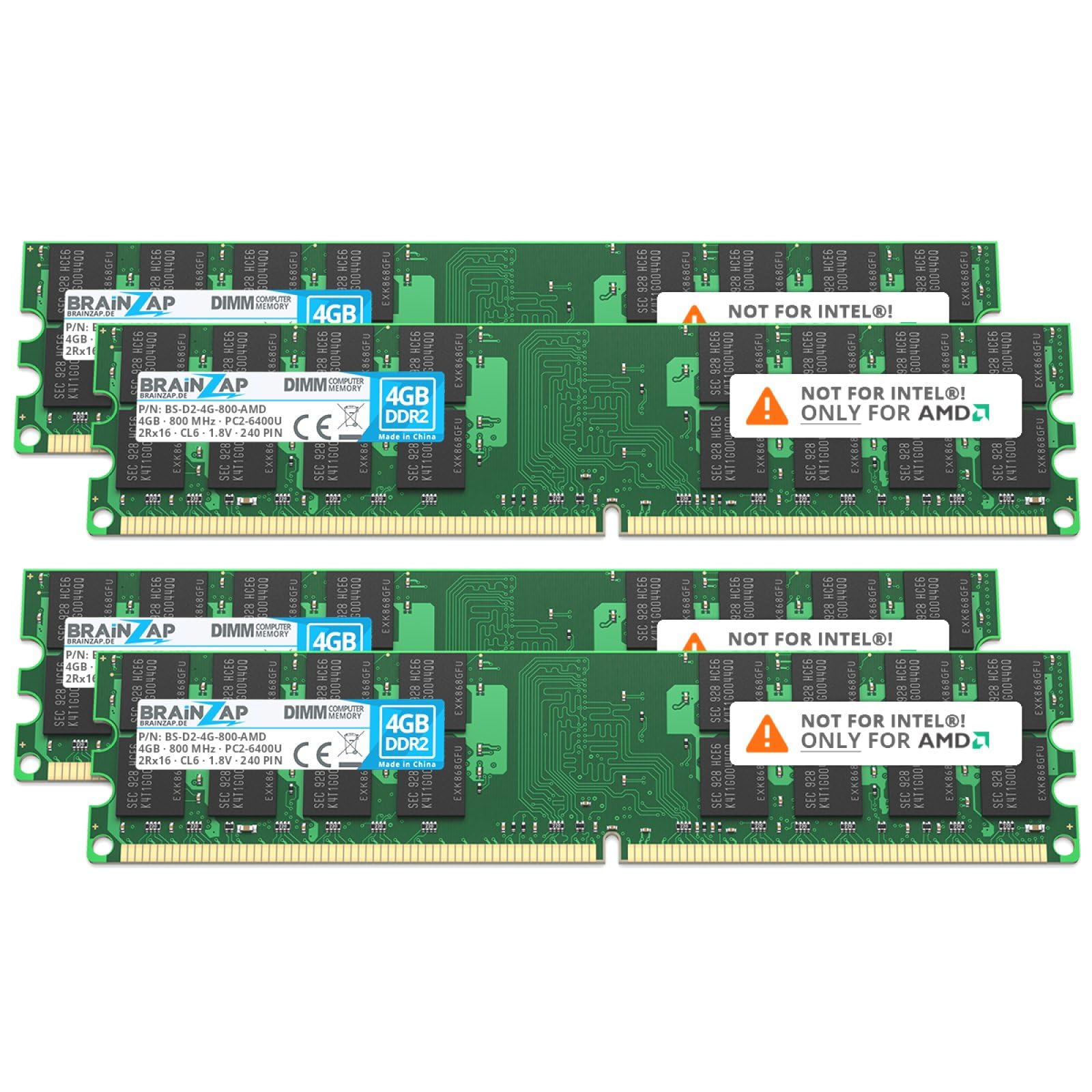 BRAINZAP 16GB (4x4GB) DDR2 800MHz PC2-6400U DIMM CL6 2Rx16 1.8V Unbuffered Non-ECC RAM memoria per PC desktop Modulo di memoria Memory