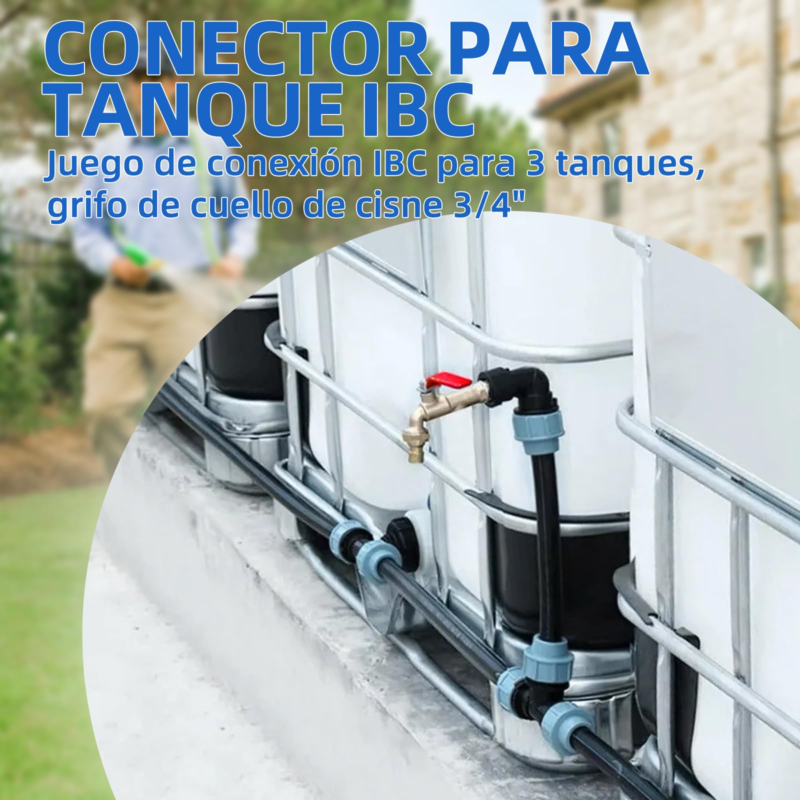 IBC - Kit de conexión para 3 depósitos IBC o barriles de lluvia, incluye grifo de cuello de cisne de 3/4", salida con conexión de manguera, ideal para riego de jardín