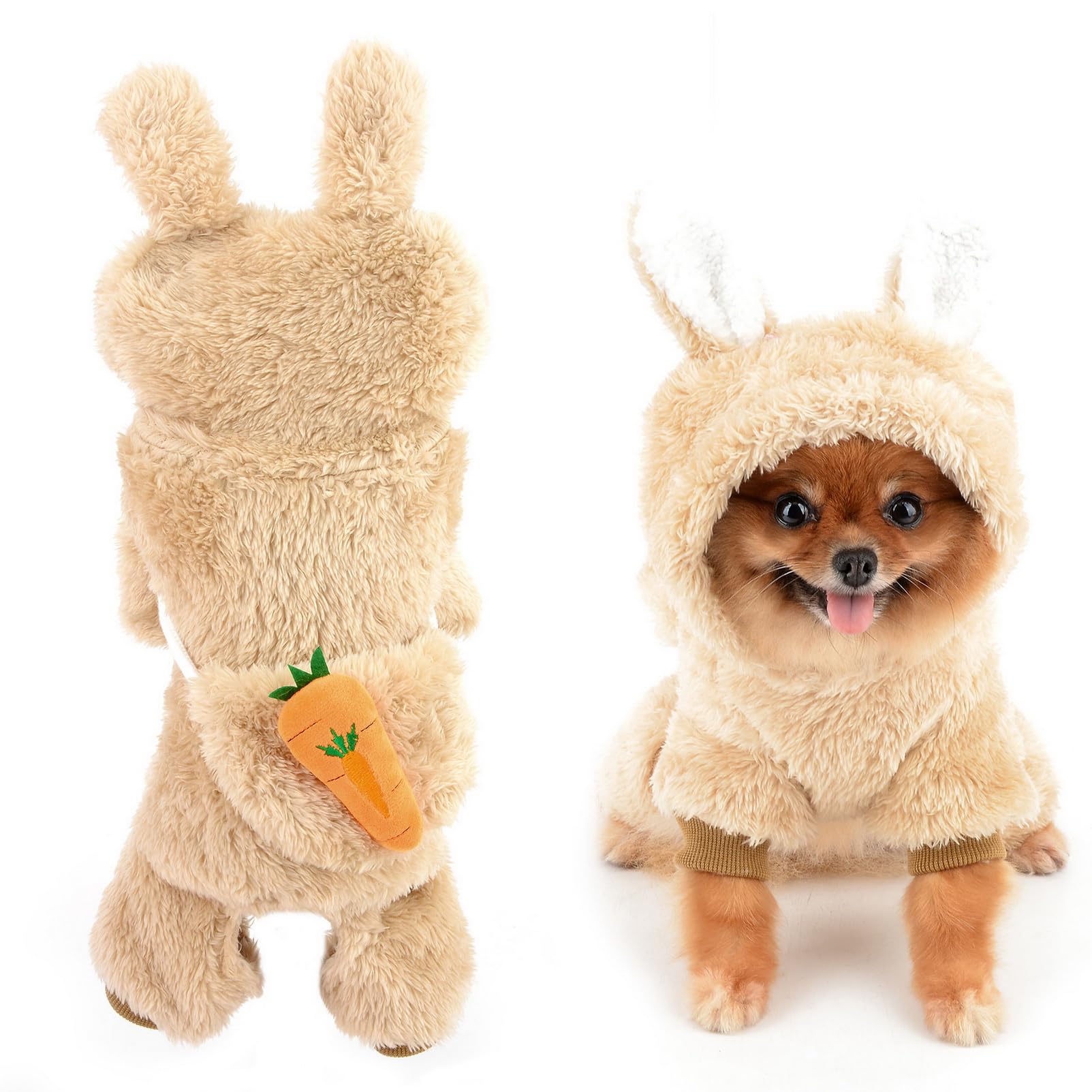 SMALLLEE_LUCKY_STORE Fleece Dog Hoodies Pajamas for Small Dog Girls, Puppy Pullover Pyjamas with Bunny Hood and Carrot Crossbody Bag, Warm Winter Fall Pet Pjs Chihuahua Yorkie Cat Clothes, Brown, XXL