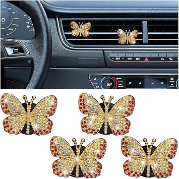 Zpana Bling Car Air Vent Clips, 4PCS Butterfly Rhinestone Vehicle Clamp Pandent, Sparkling Diamond Automotive Interior Vent Charm Decoration Accessories, Universal for SUV, Sedan, Truck Red