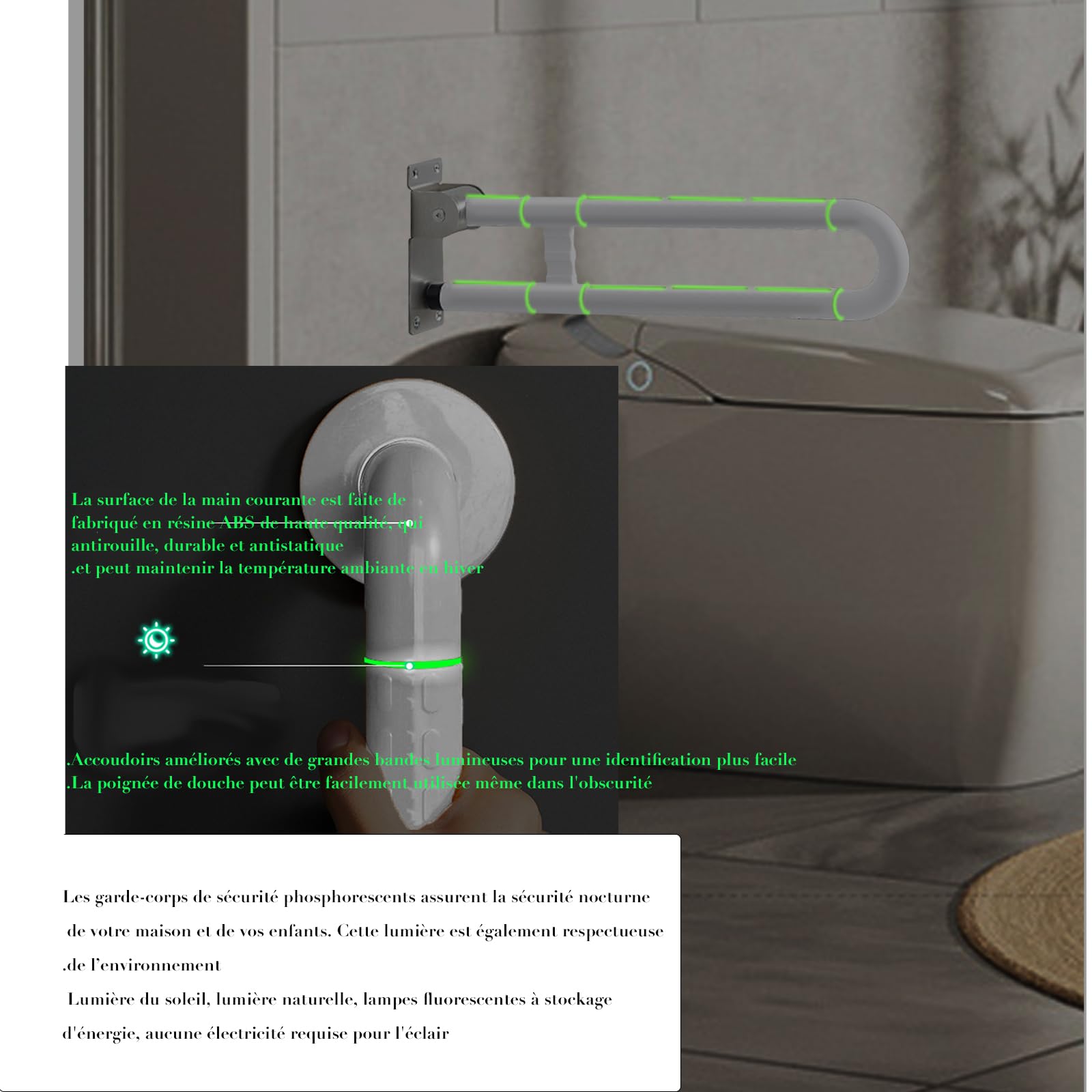 Poignée de Support Pliable Antidérapante pour Toilettes, Blanc