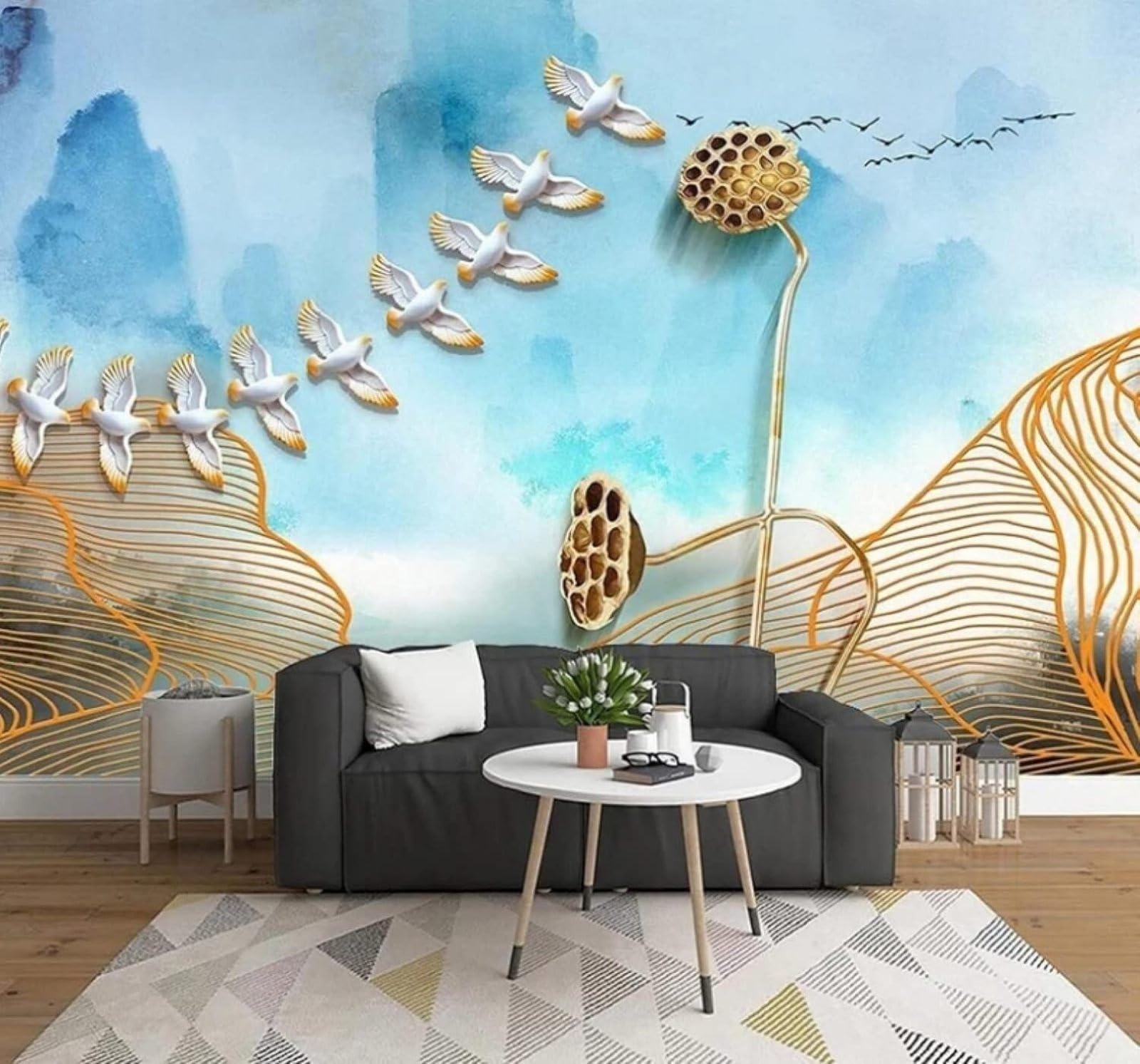 Wallpaper-3D-Xlm 400Cm×280Cm(B×H) Abstract Watercolour Gold Thread Birds In Flight Lotus Root 3D Wallpaper Easy Install Feature Office Living Room Sofa Bedroom Tv Background Wall Decoration-400Cm×280Cm