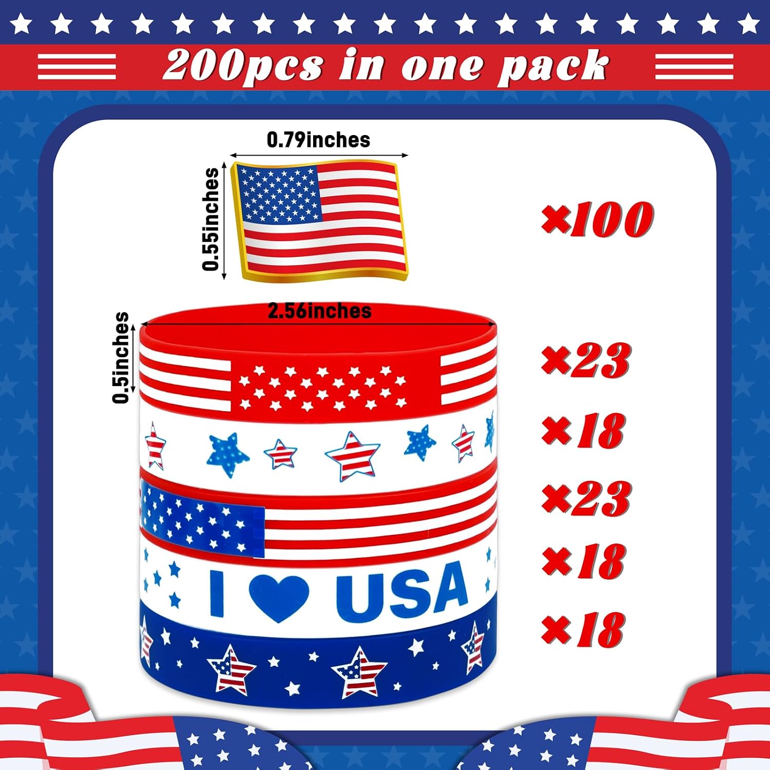 200Pcs 250th Anniversary Party Favors Accessories Bulk: 100Pcs Silicone Bracelets and 100Pcs Patriotic Pins, USA American Decorations for 4th of July, Independence Day, Memorial Day