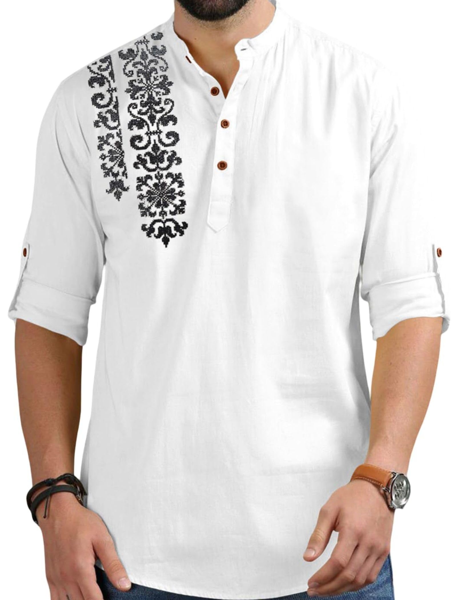 U.S. Polo Assn. Men's Regular Fit Cotton Blend Kurta Shirt | Full Sleeve Ethnic Shirt with Mandarin Collar and Button Placket | Casual Kurta for Daily and Traditional Use in neutral