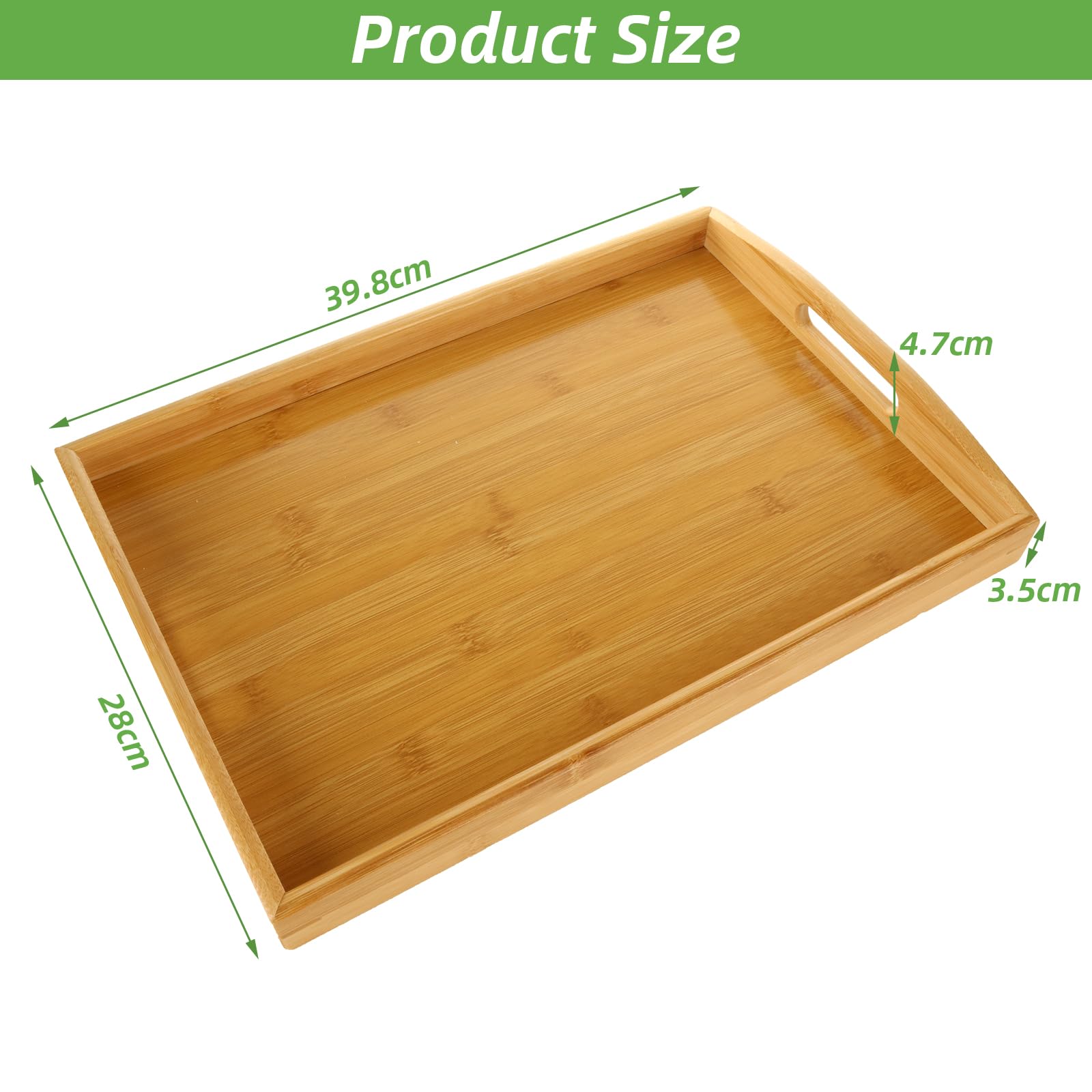Lot de 2 plateaux de service en bambou 40 x 28 x 5 cm avec poignées pour cuisine, restaurant, hôtels