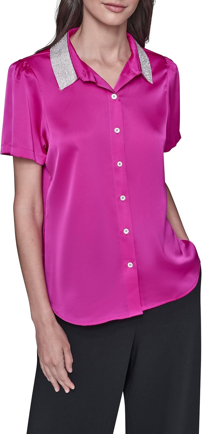 Karl Lagerfeld Womens Short Sleeve Collared Neck Crystal Collar Elevated Button Down