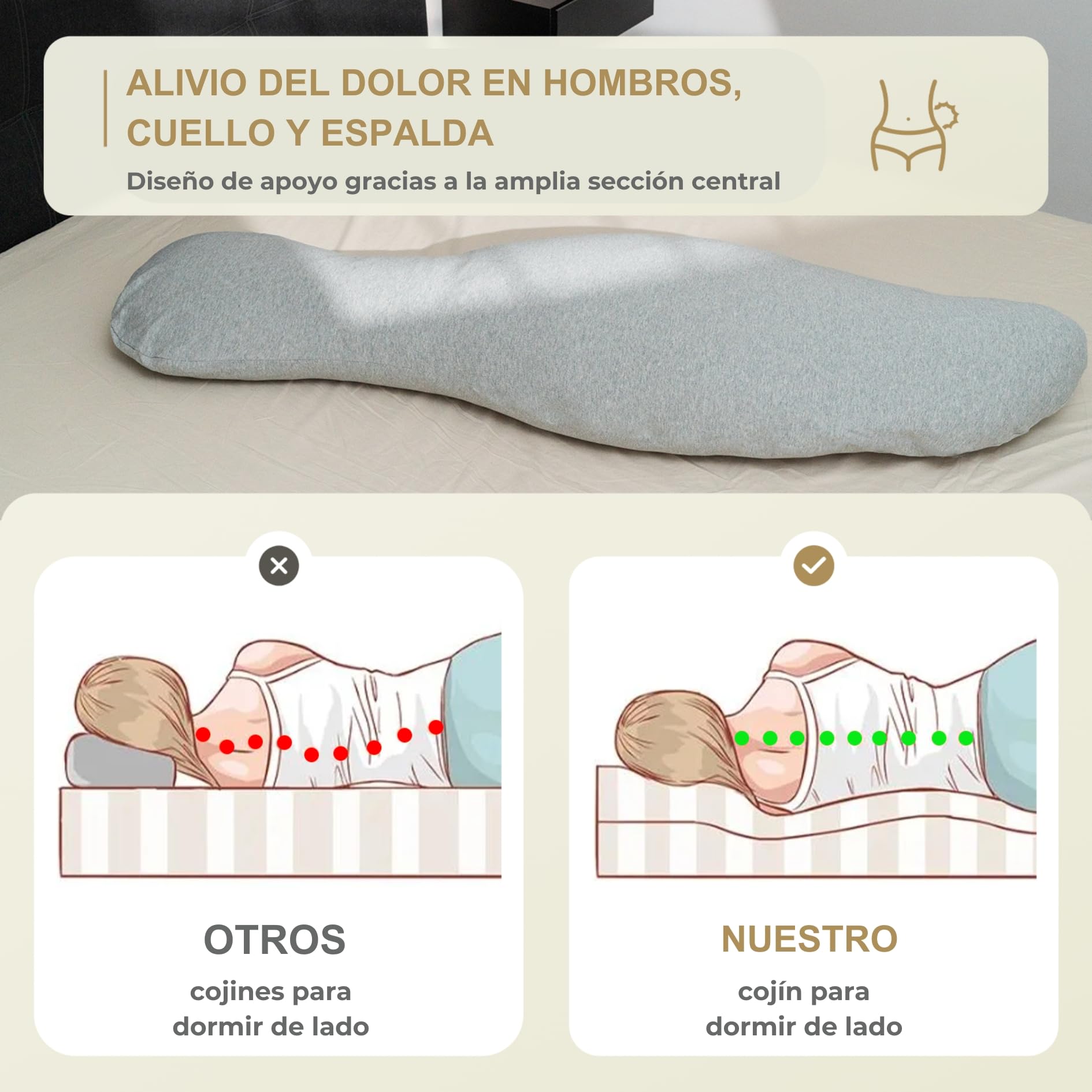 Almohada ergonómica para dormir de lado, alivia los hombros, la espalda y la cadera, rellenable individualmente, para todas las personas que duermen de lado y mujeres embarazadas, 100%