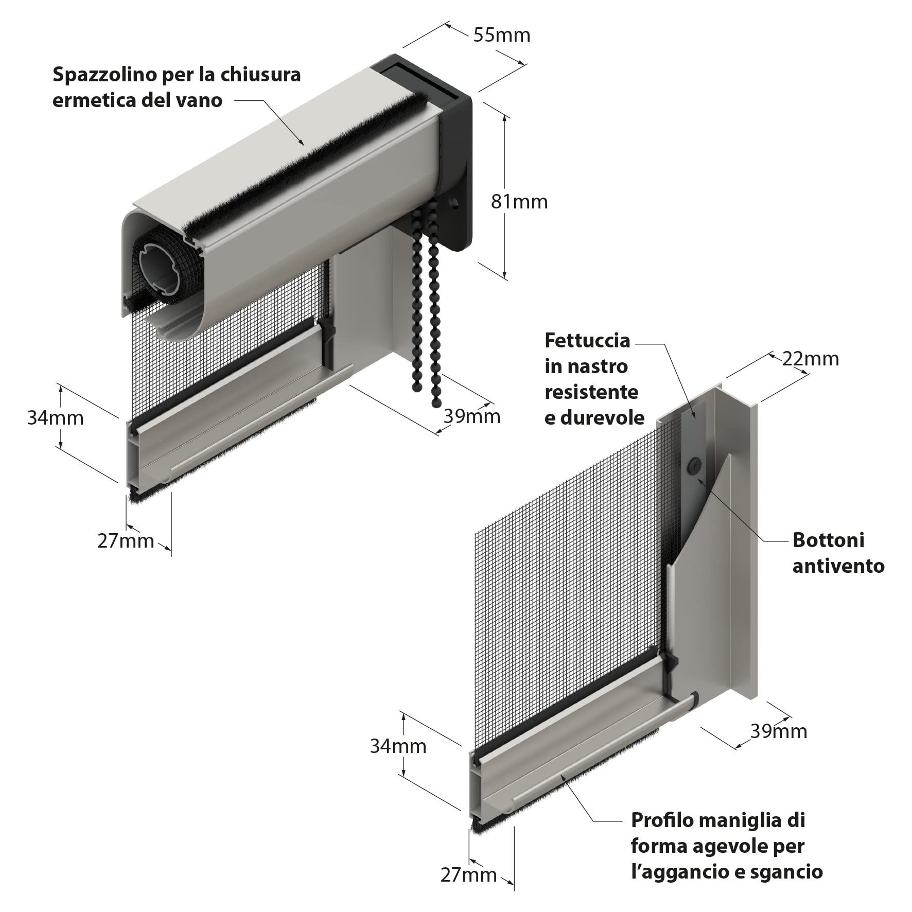 Zanzanet Zanzariera verticale 50 mm per finestre su misura personalizzabile a rullo con catena telaio con profilo robusto e resistente in alluminio Made in Italy Bronzo Verniciato