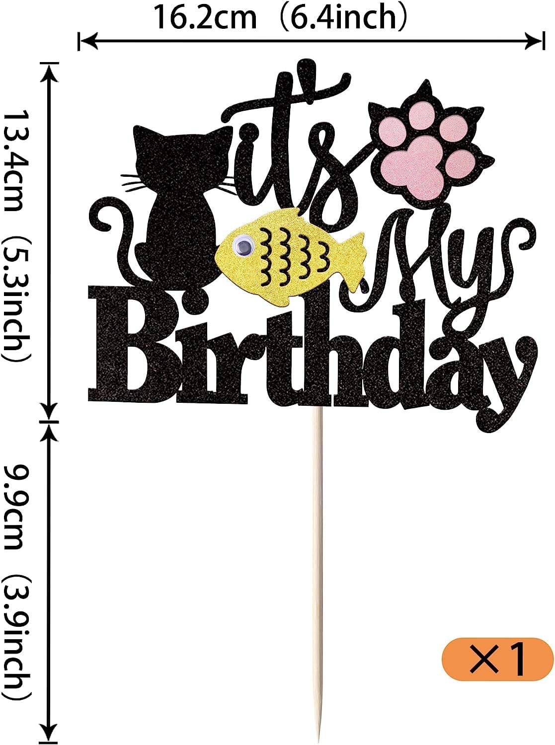 Decorazione Per Torta Gatto Glitterato - Happy Birthday - Topper Per Torte A Forma Di Gatto Nero, 16,2x23,3 Cm
