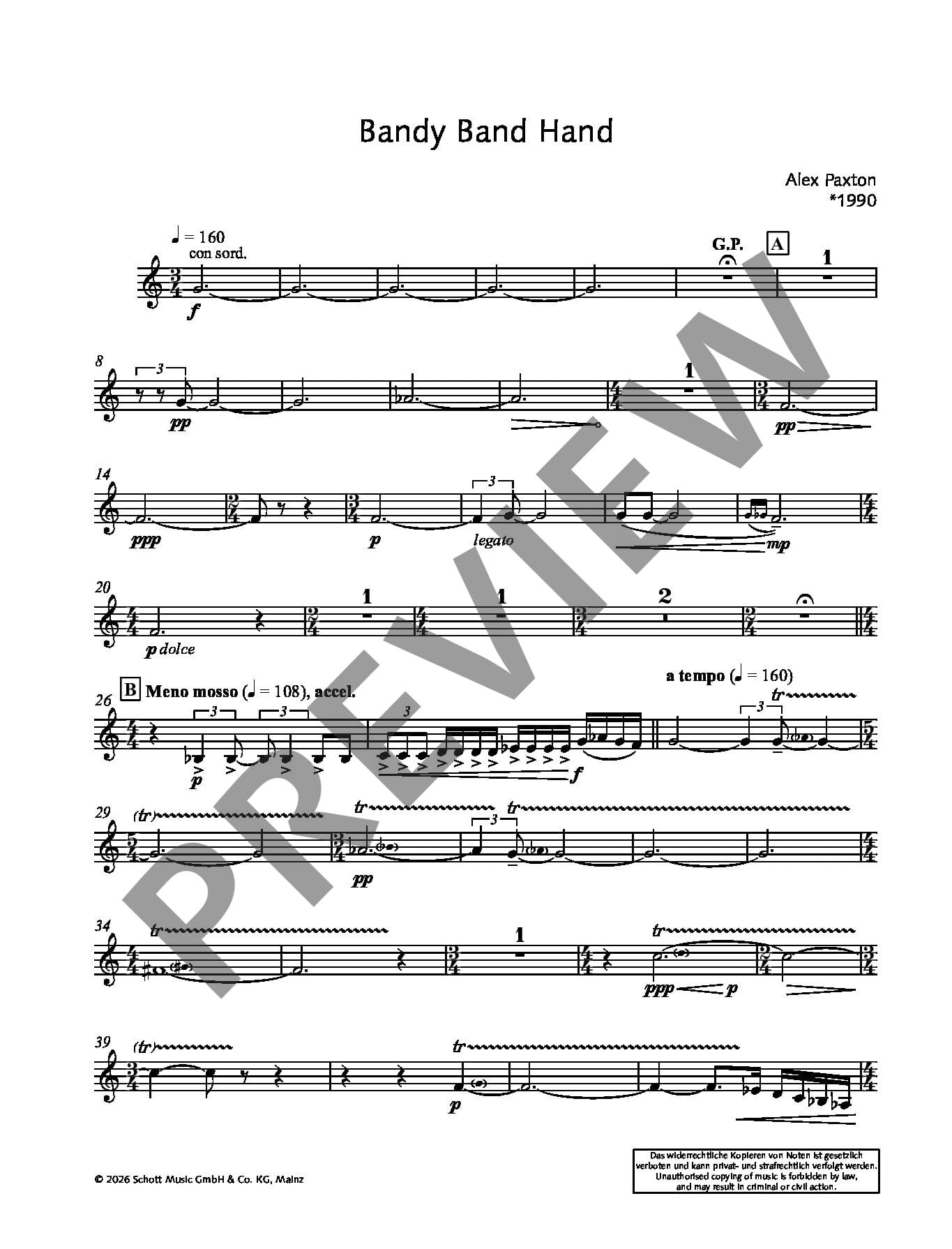 Bandy Band Hand: for brass quintet. 2 trumpets, horn, trombone and tuba. Partition et parties.