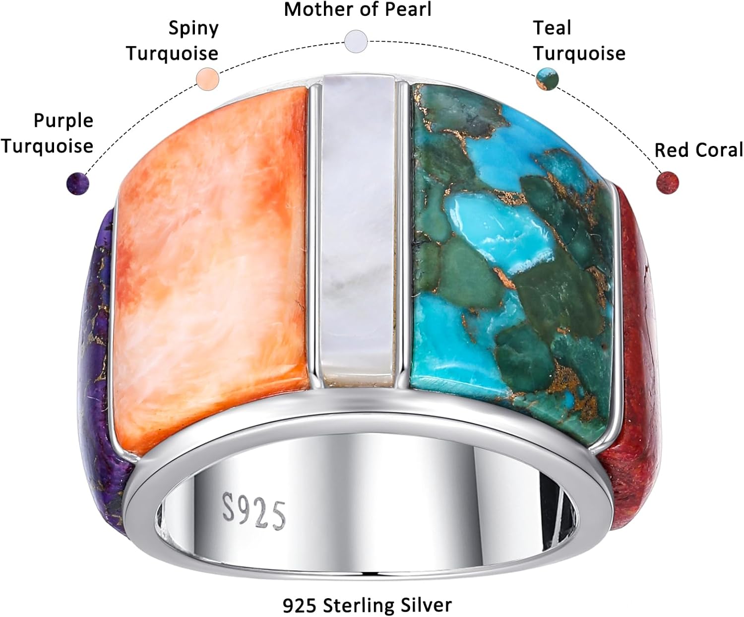 Wide Turquoise Ring for Women - 925 Sterling Silver Turquoise Statement Rings Gemstones Wide Band Ring Size 6-10