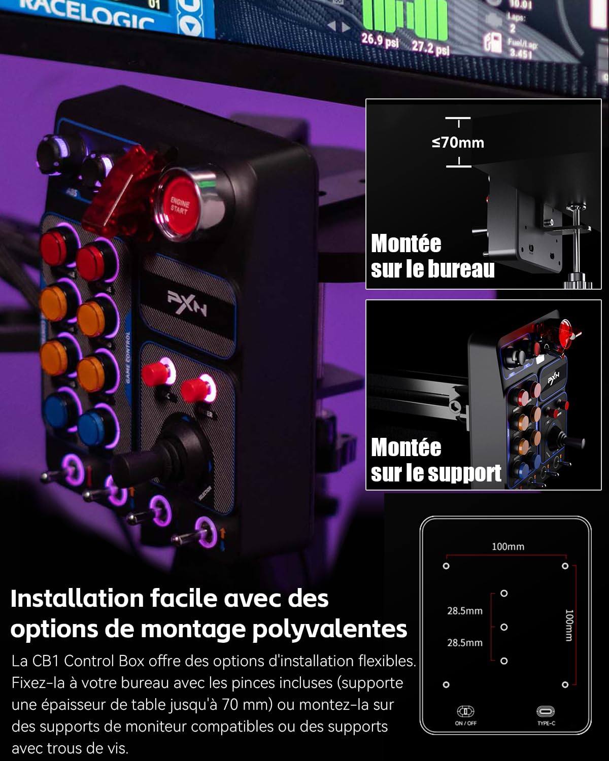 PXN CB1 Boîtier de Boutons - Panneau Latéral de Volant, Controller Auxiliaire ETS2 - Pour PC | +19 Boutons Assignables, RGB, USB | Button Box pour Simulateur de Camion, Course, Vol et Agricoles | Pour jeux simu racing, camion, vol, ferme