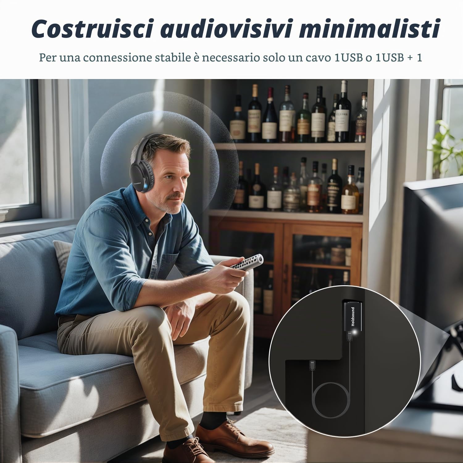 Holdsound Cuffie TV Wireless, Leggero E Confortevole, Plug And Play | Wireless TV Auricolare Per Gli Anziani Con Portatile USB Trasmettitore,Nessun Ritardo Audio,50 m Gamma,20h Di Intrattenimento