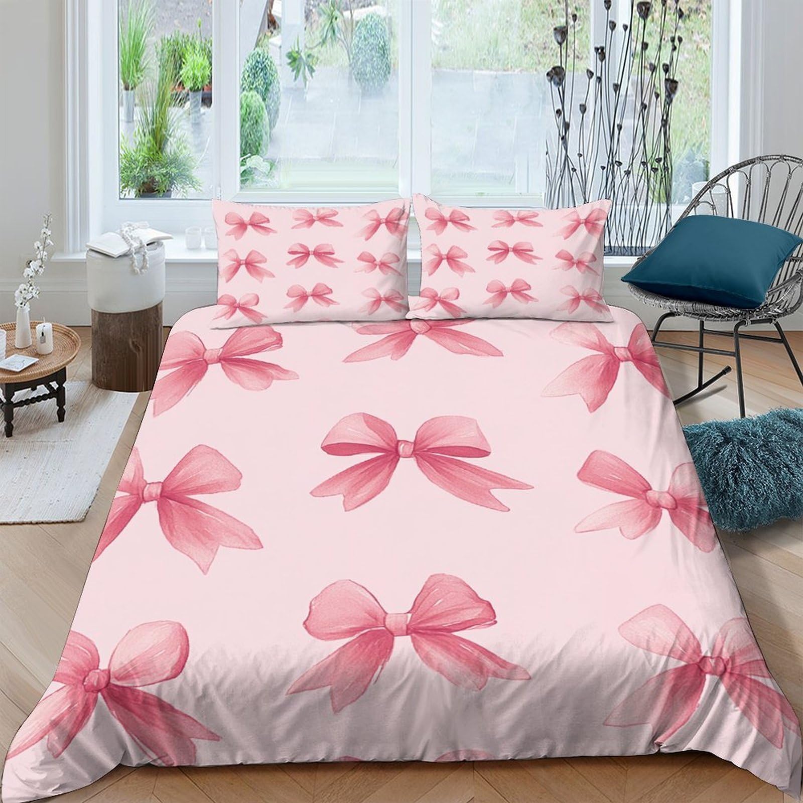 Housse de couette 140x200 nœuds roses linge de lit aquarelle taie d'oreiller adulte single