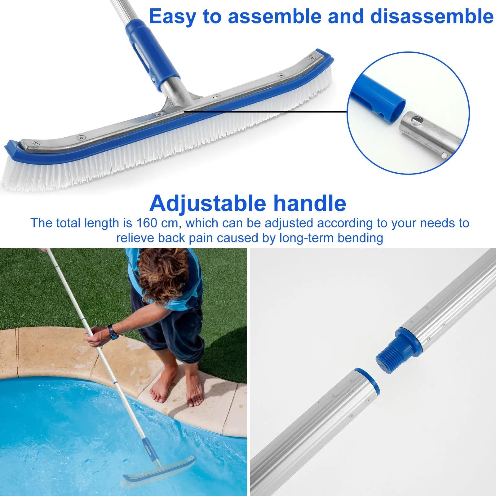 aspirateur Piscine Ensemble de brosses de Piscine Brosse de Nettoyage de Piscine Portable Outil de Nettoyage de désinfection avec poignée de 63 Pouces Kit Piscine