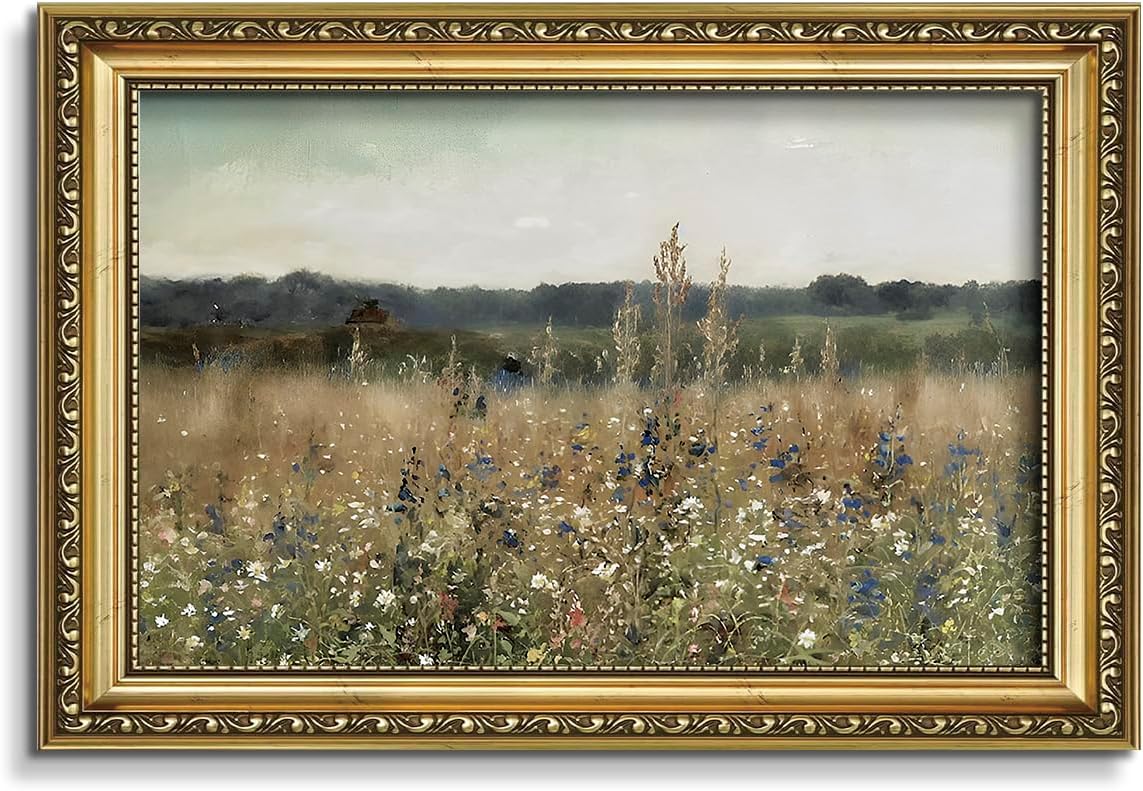 AIMAILON Vintage Canvas Gold Wall Art Framed Decor for Living Room - Bathroom Home Decoration Retro Wall Art Prints Rustic Countryside, Floral Wildflower Artwork Decor Botanical 18" L x 12" W