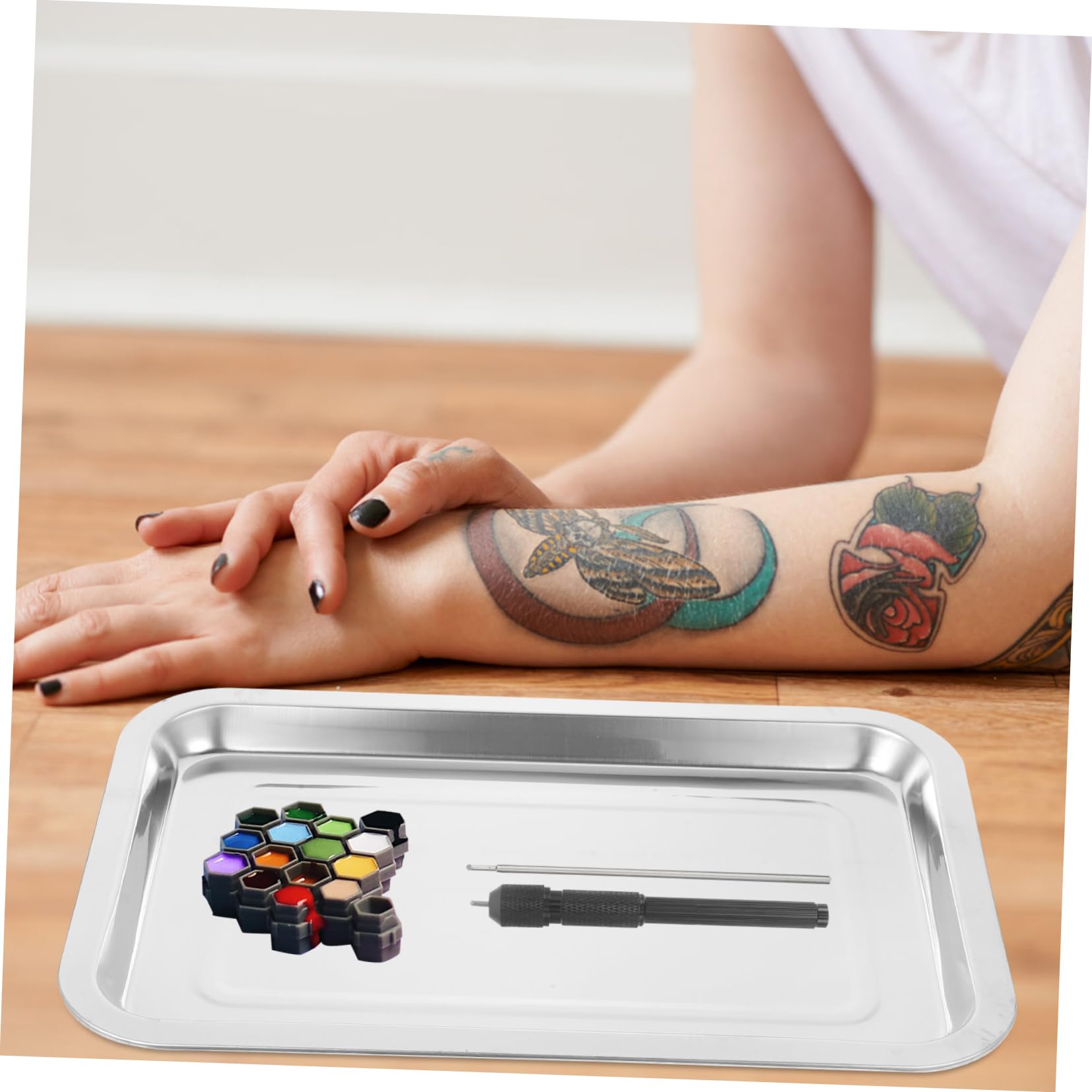 COLLBATH 2 Stück Tattoo Edelstahltablett Mittel Flaches Metalltablett mit Erhöhtem Rand für Tattoo Zubehör Arbeitsplatz Tablett Langlebig und Leicht zu Reinigen