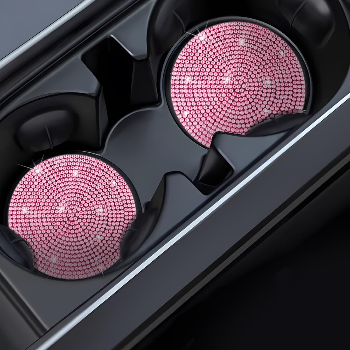 2PCS Bling Car Cup Holder Coaster, Crystal Rhinestone Non-Slip Insert Auto Cup Pads, Sparkling Vehicle Decor Bottle Mat Accessories for Women Girls, Universal for RV, SUV, Truck (Pink)