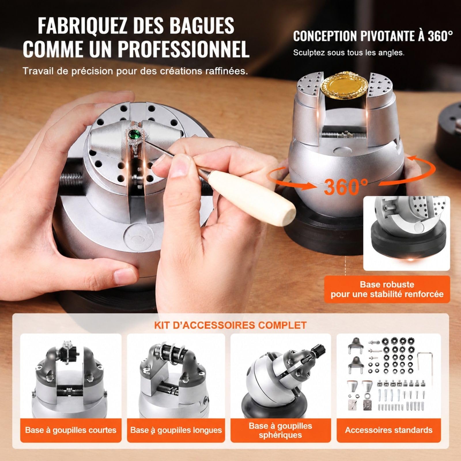 Étau boule de graveur avec base rotative, mâchoires réglables et 69 accessoires pour gravure et fabrication de bijoux