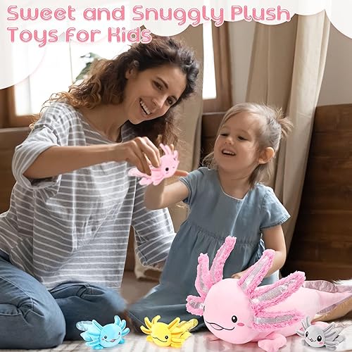 Miniatura 6 de Aoriher Juego de 5 piezas de peluche de ajolote de 24 pulgadas con 4 lindos bebés de peluche en el vientre, suave peluche de ajolote para niños que