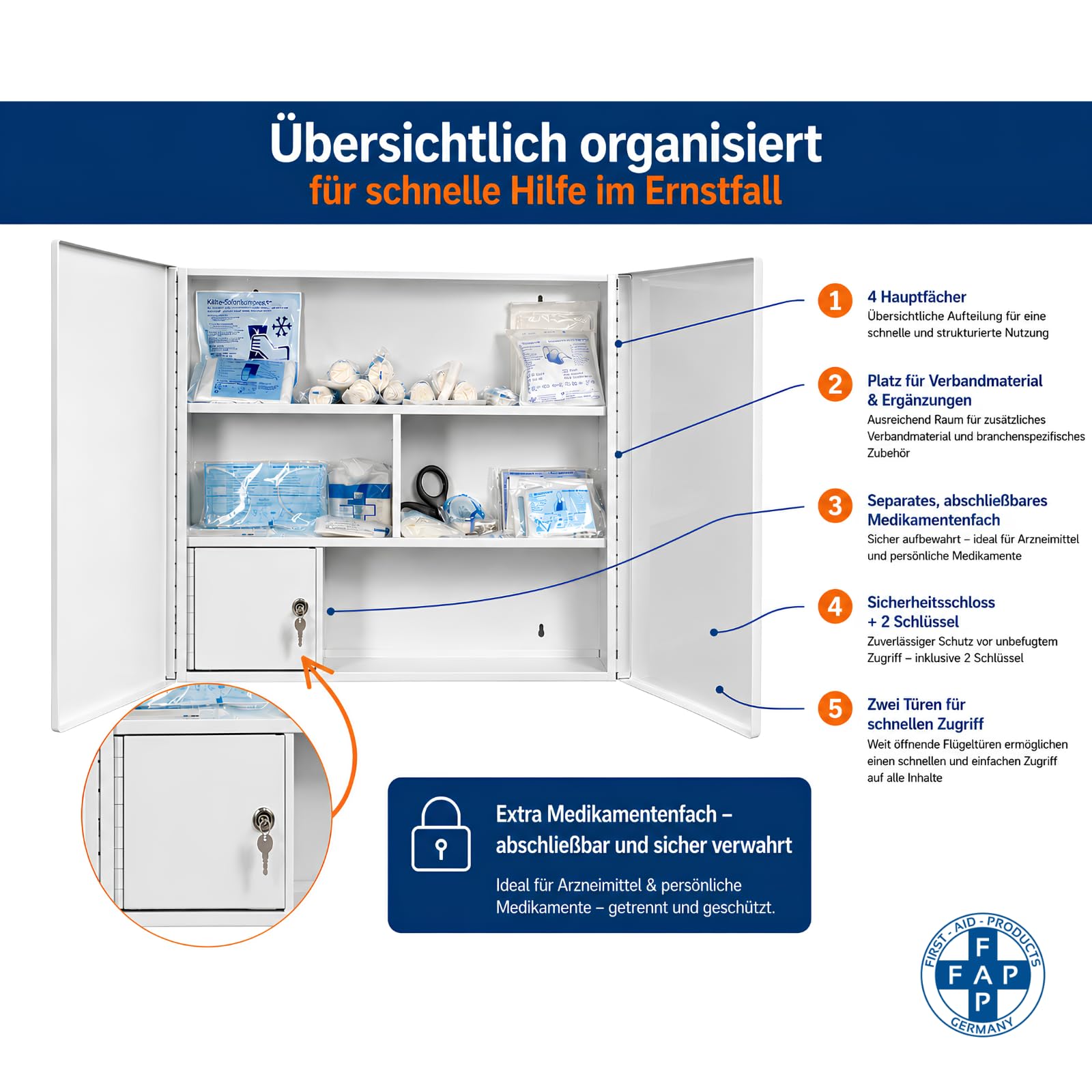 First Aid Products Gastro Erste Hilfe Verbandschrank Groß - Gastronomie Hotel mit Verbands-Set DIN13169 | Detect-Pflaster HACCP & Burngel | für Küche Restaurant für Wandmontage - Zwei Türen 60×50×13cm