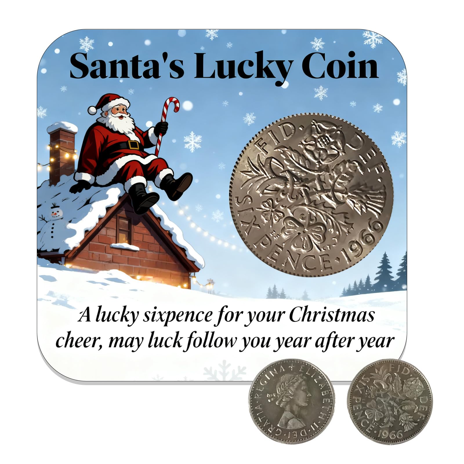 YSUY Festive Lucky Coin and a Card Gift Set - 1966 Silver Sixpence & Christmas Blessing Card, Unique Holiday Keepsake, Secret Santa Present, Stocking Filler Idea ﻿