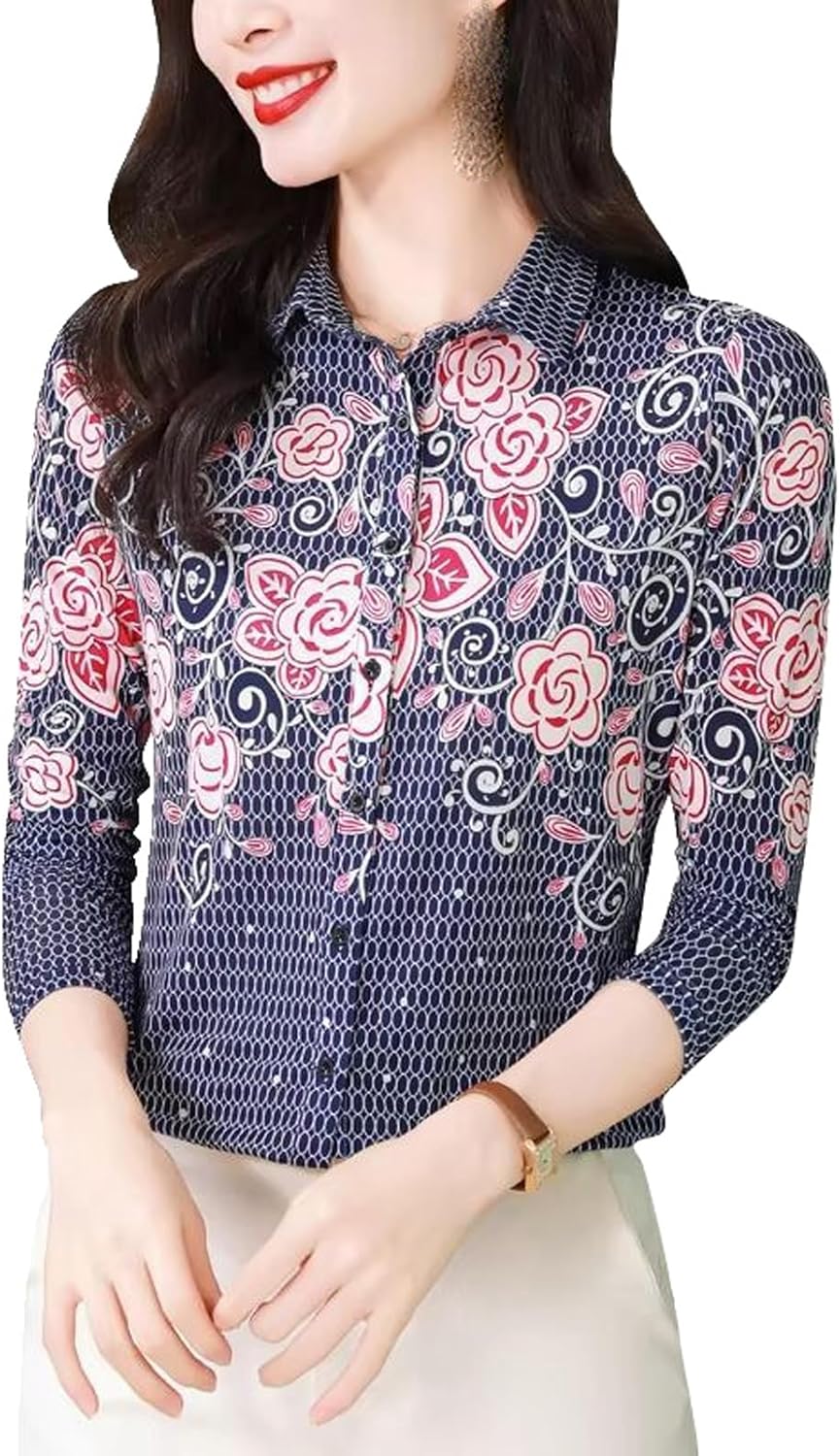 Women's Elegant Silk Blouse Printed Slim Long Sleeve Top Stretch Office Shirt