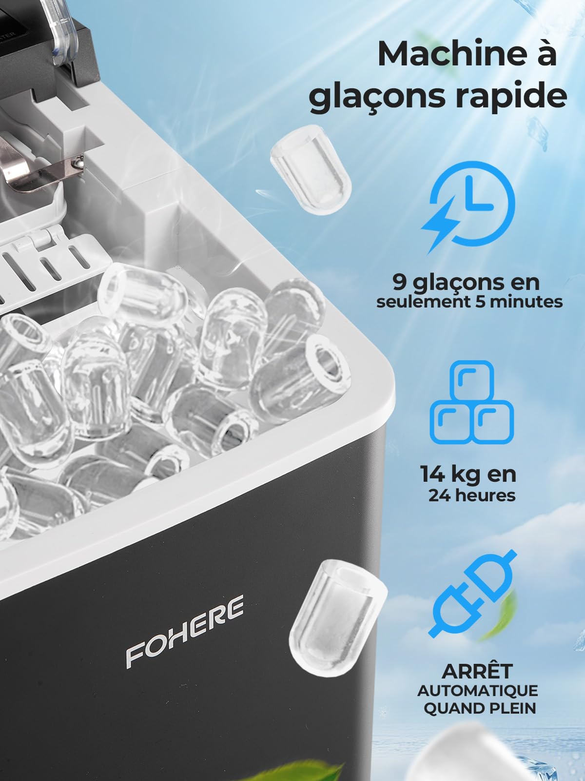 FOHERE Machine à Glaçons avec Poignée Portable, 14kg/24h, 9 Glaçons Bullet en 5 Minutes, 2 Tailles, Auto-Nettoyante, avec Cuillère & Panier – Idéale pour Maison Cuisine Bureau Camping Caravane
