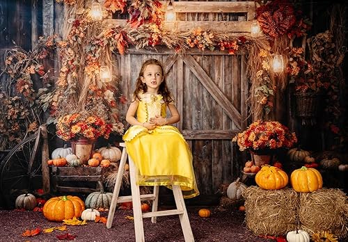 Miniatura 4 de Kate Decoración de calabaza de granja de Acción de Gracias de 7 x 5 pies, fondos de fotografía de madera rústica, otoño, flores amarillas, hojas,