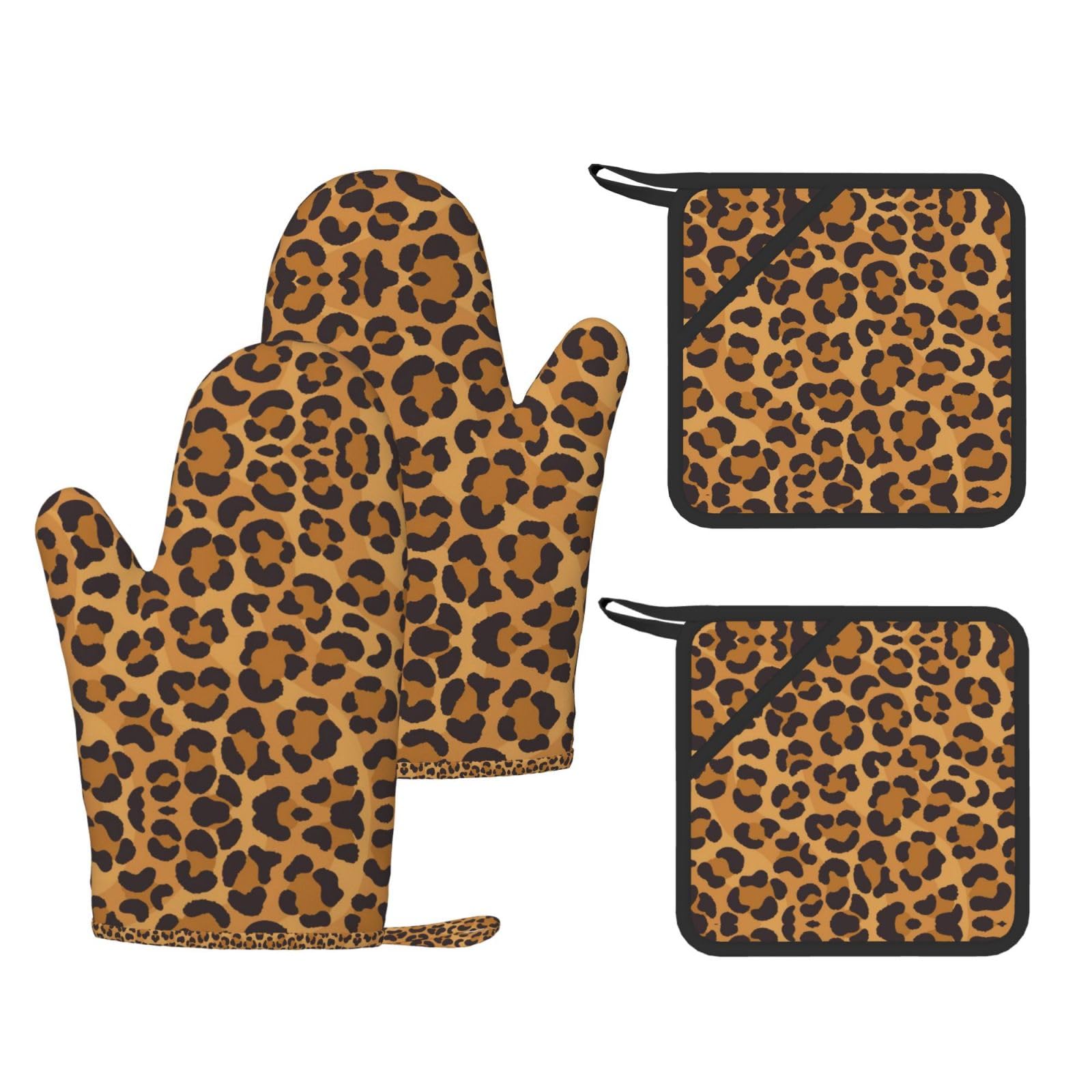 Yellow Leopard Printed Pot Holders and Oven Mitts 4-Piece, Non-Slip Kitchen Gloves with Utensil Pocket for BBQ
