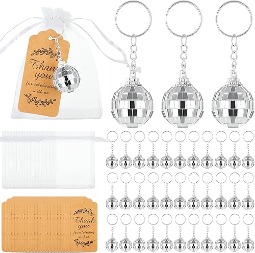 Mini llavero de bola de discoteca con bolsas de organza y etiquetas de agradecimiento, bolas de discoteca a granel, regalos de fiesta de cumpleaños,