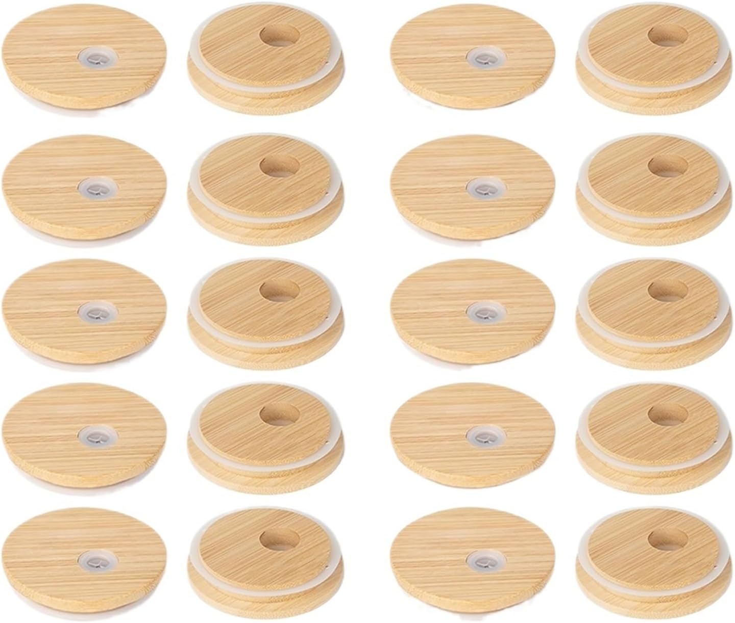 Bamboo Jar Lids 16pcs Bamboo Lids with Straw Hole, 2.76inch/70mm Canning with Silicone Ring For Yogurt Glass Jars