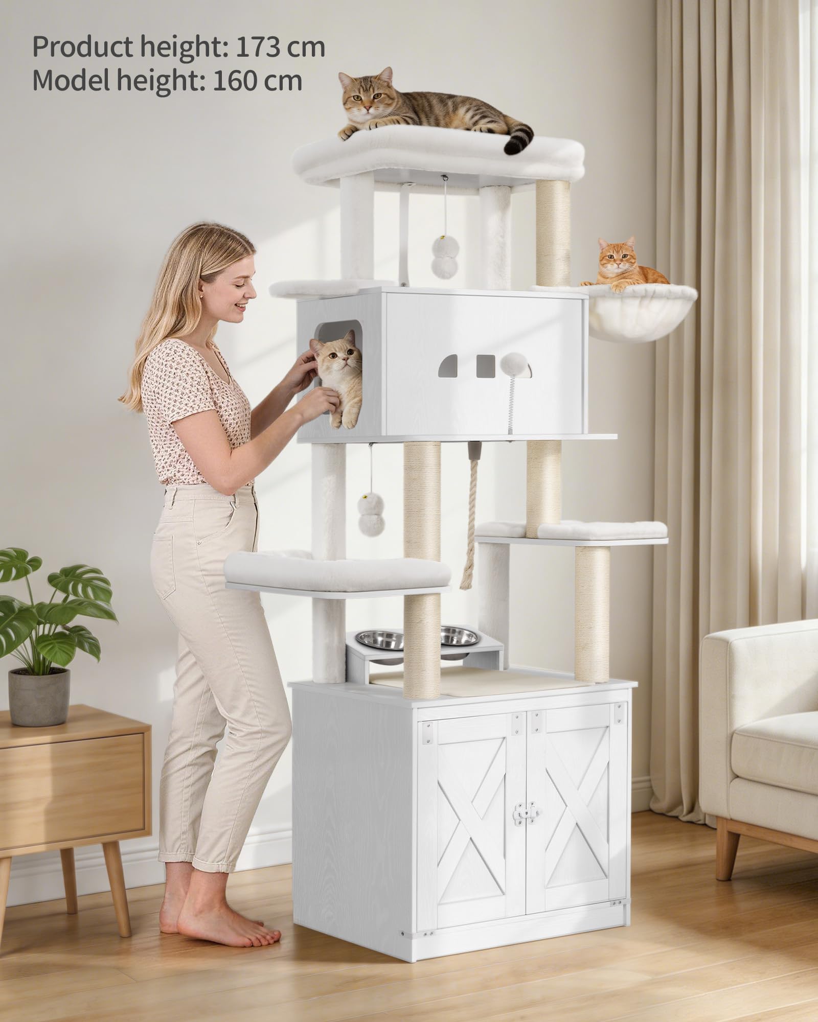 Hzuaneri Mobile Lettiera per Gatti, Albero Tiragraffi per con Ciotole, Condominio per Gatti Multilivello 173 cm, Amaca, Cuscino in Peluche Removibile e Lavabile, Bianco CB89013WT