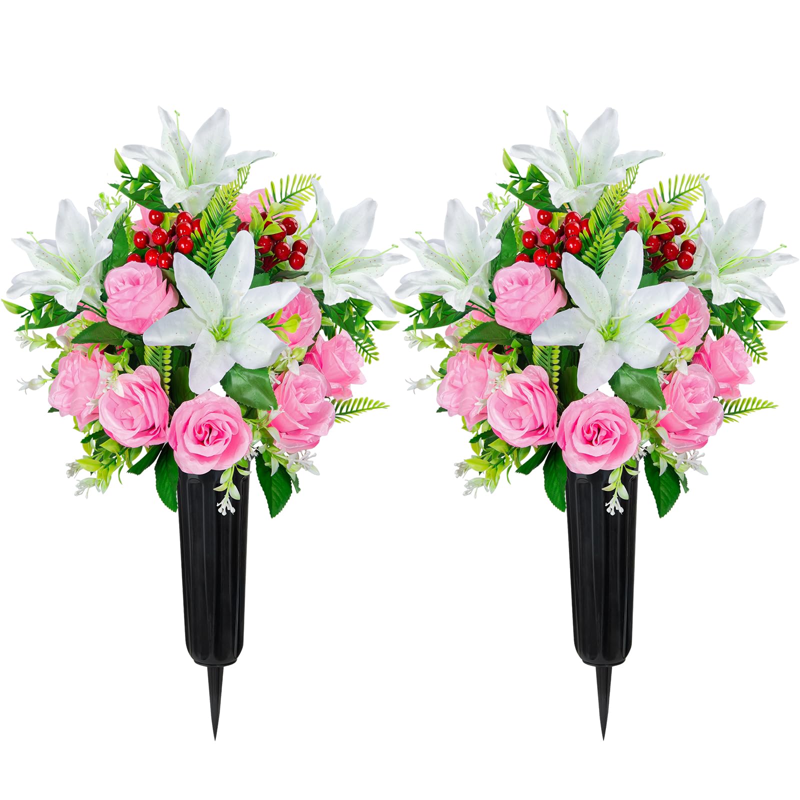 Velibobo Pink Set Of 2 Artificial Grave Flowers, 18 Heads Memorial Cemetery Flowers, Funeral Rose Bouquets With Vases For Outdoor Graveside Decoration