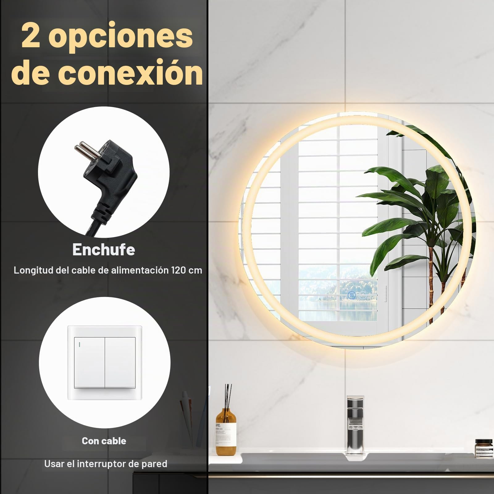FANTASK Espejo de baño LED con iluminación, 60 cm, Redondo, antivaho, Espejo de Pared Regulable con Interruptor táctil y función de Memoria, Espejo Colgante LED para baño, 60 x 60 cm, Plateado