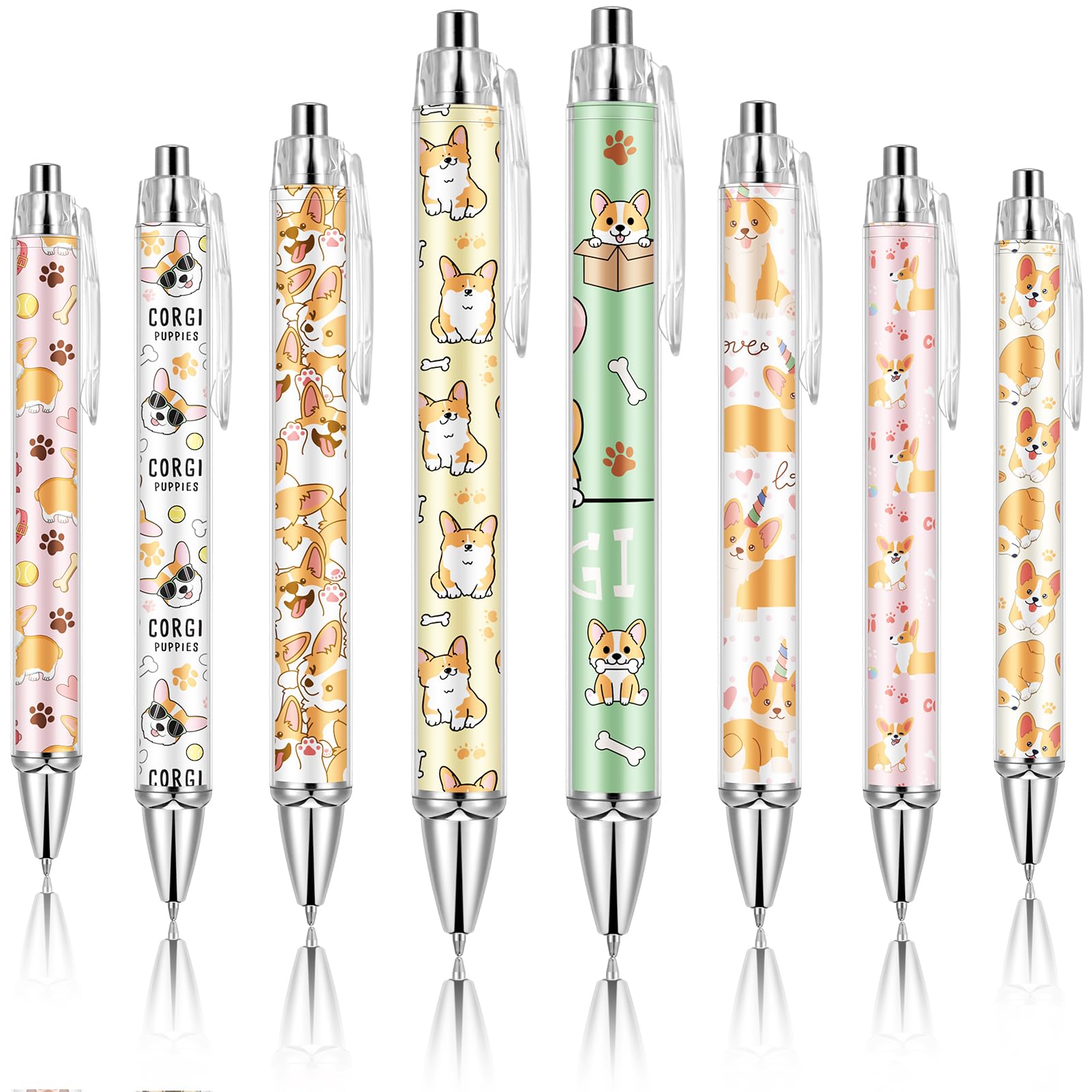 Ireer 8 Pcs Ballpoint Pens for Women 1.00 mm Cute Black Ink Fancy Pens Fine Point Smooth Writing for Students Classroom Office Supplies(Corgi)