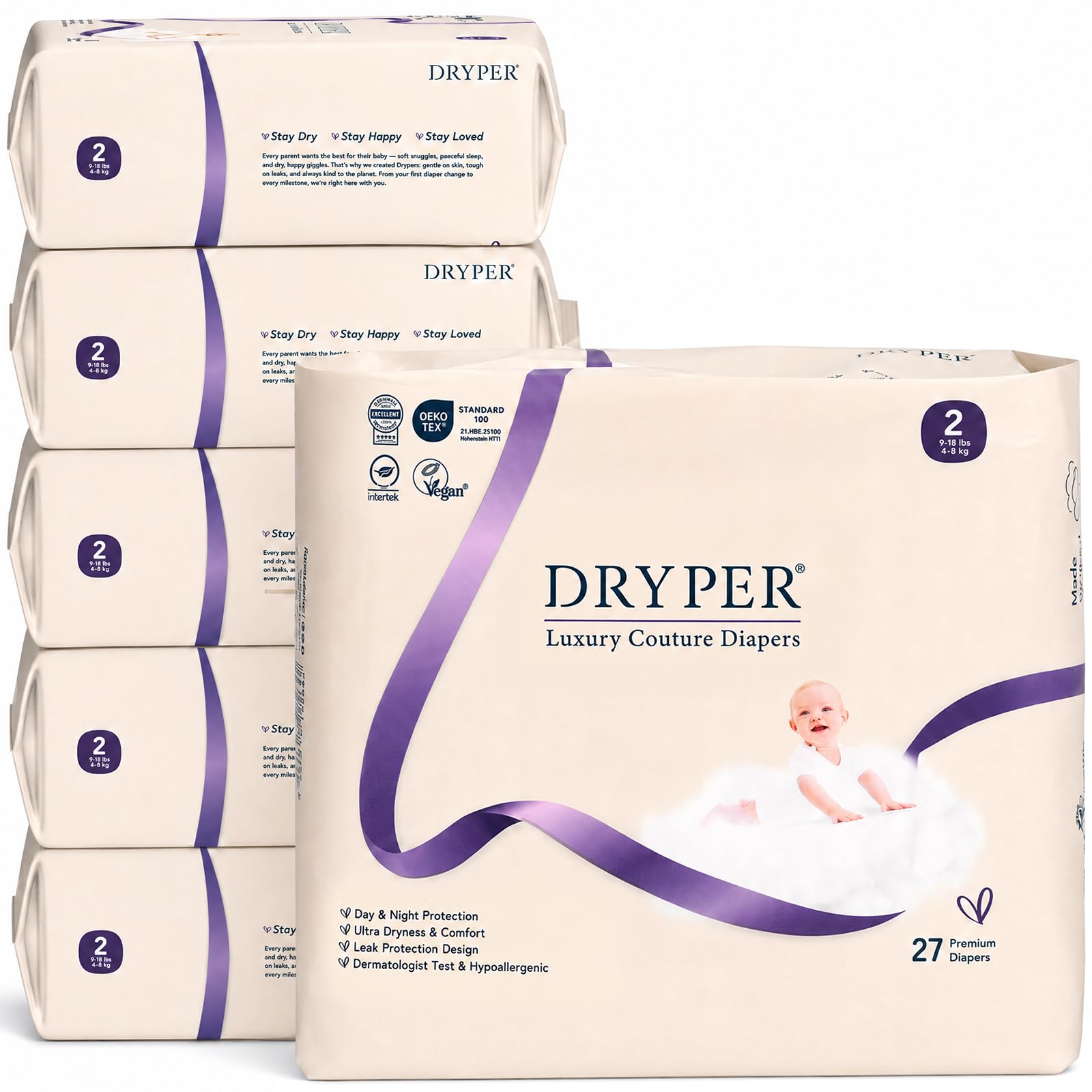 Pañales Bebé DRYPER Talla 2 (4-8kg), Ultra delgados, suaves y hipoalergénicos para piel sensible, protectores 3D contra fugas, Indicador de Humedad, 162 pañales premium de día y noche