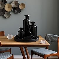 Vista 5 de Juego de 5 piezas de centros de mesa rústicos de mesa, juego de 3 jarrones de cerámica boho con bandeja de madera para servir cuentas de madera